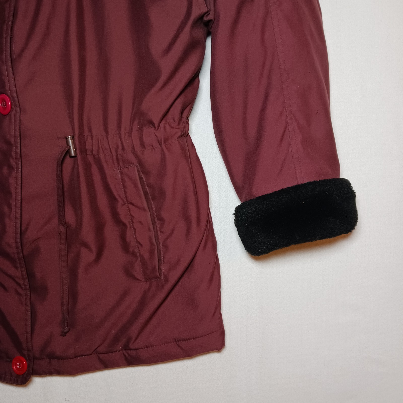 Vintage Larry Levine Womens Microfibre Coat Medium Burgundy Faux Fur Trim