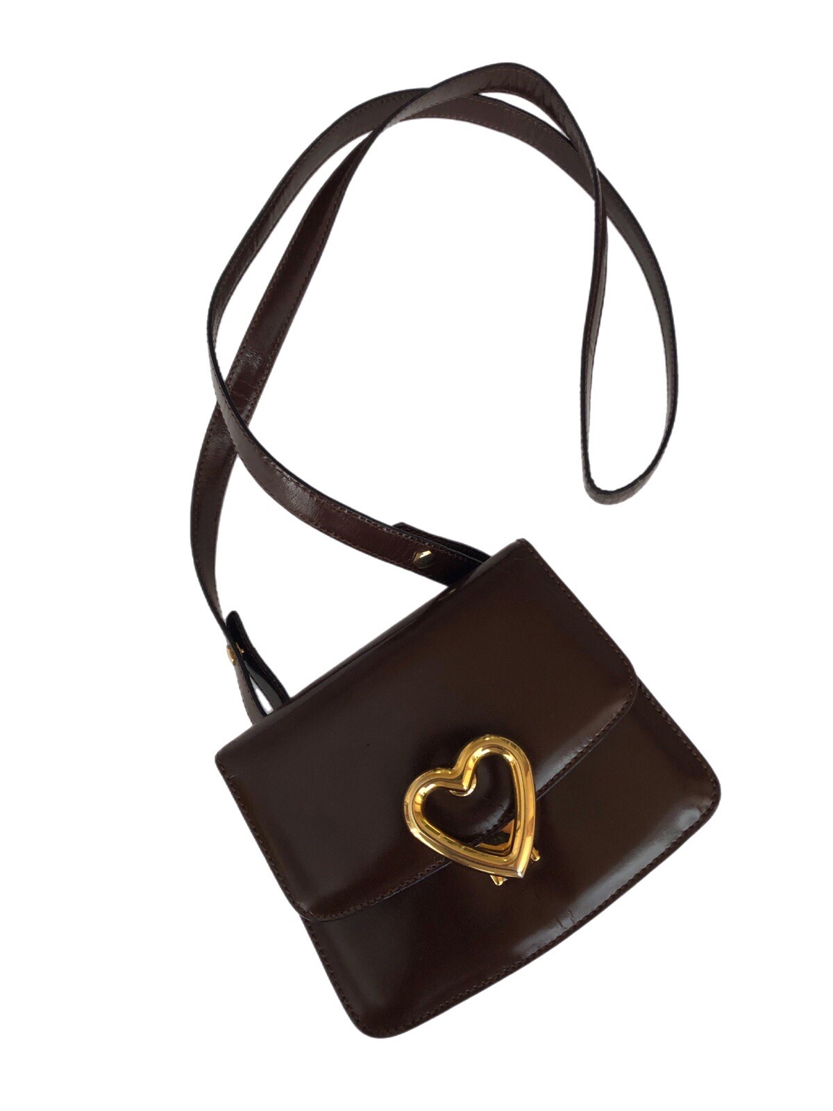 MOSCHINO Redwall Vintage Brown Leather Heart Shoulder Crossbody Belt Small Bag