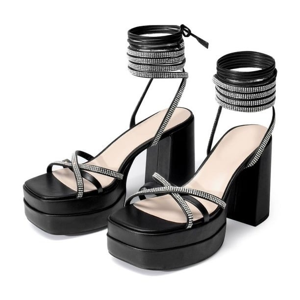 Burudani Womens Black Rhinestone Strappy Platform Block Heel Sandals Size 6.5