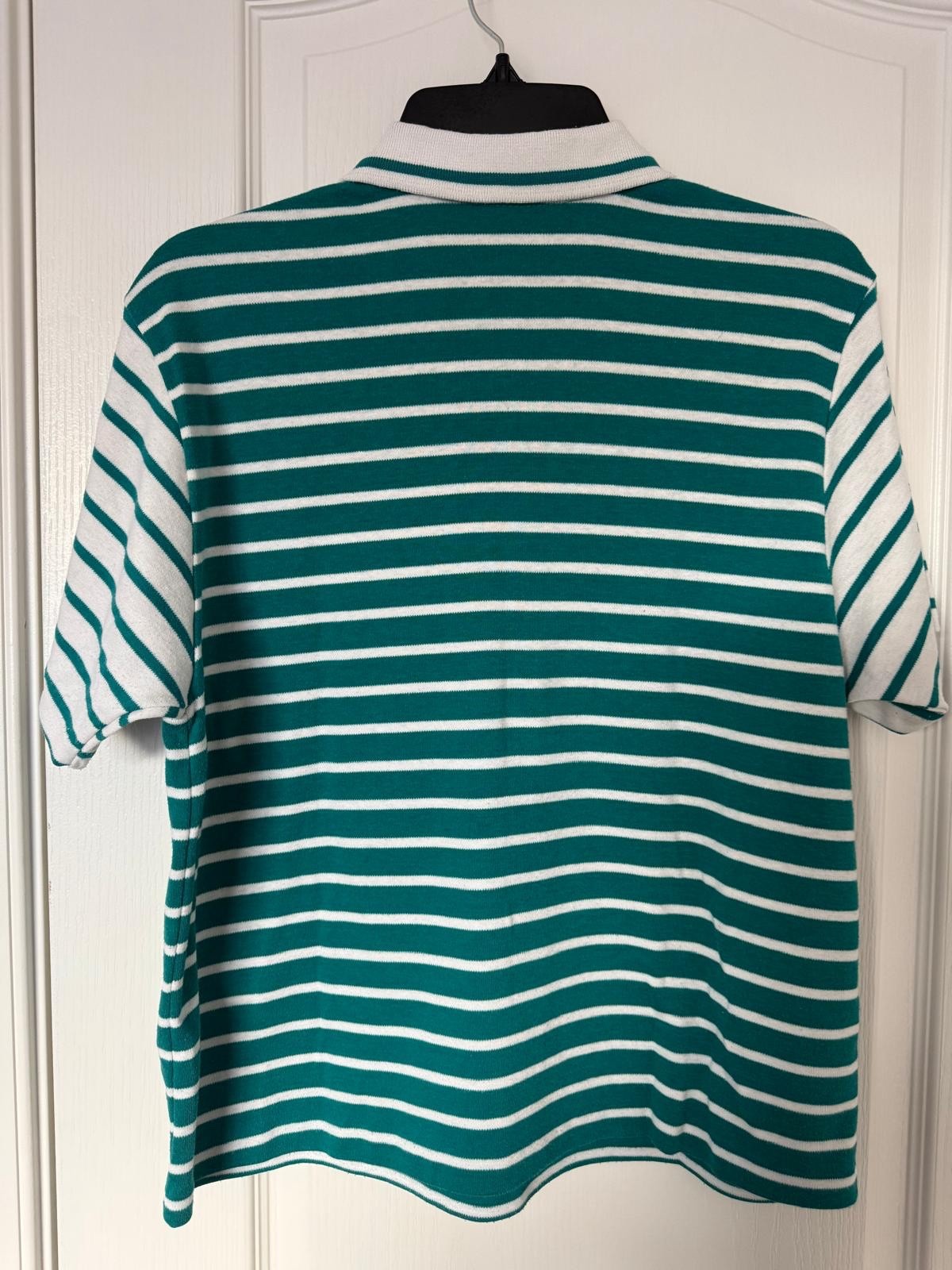 Jantzen Vintage Polo Shirt Women’s M Teal White Striped Knit Top Short Sleeve