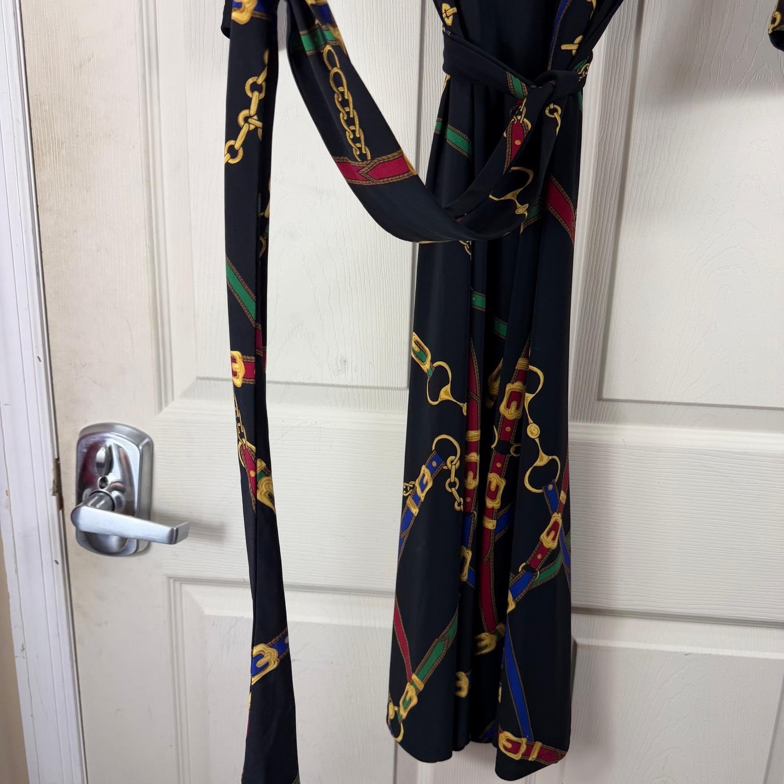 Lauren Ralph Lauren Equestrian Chain Print Faux Wrap Midi Dress Black Red Small