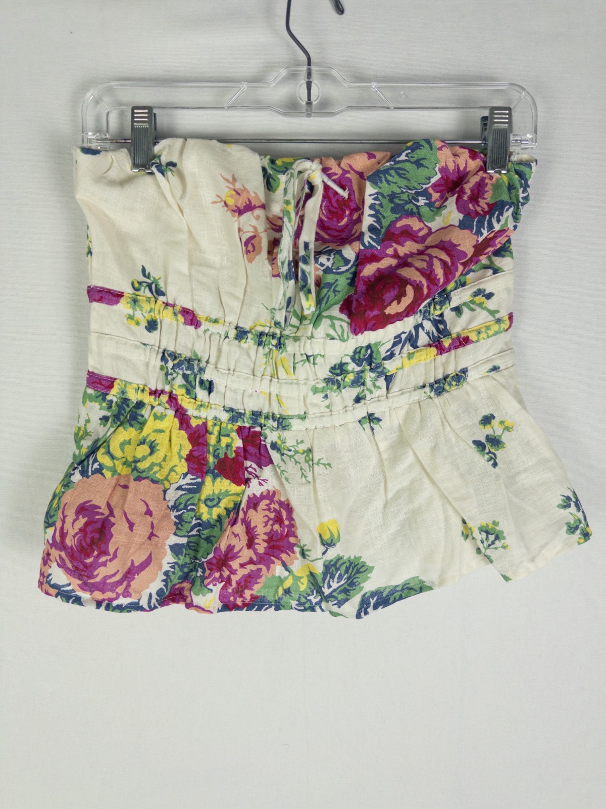 Anthropologie Strapless Top Womens S Ivory Floral Smocked Tube Peplum Linen NWT