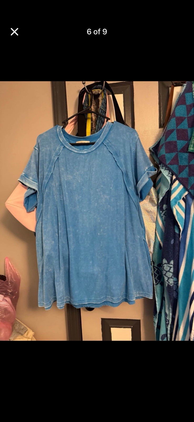 Zenana Blue Solid Knit Crew Neck Short Sleeve Pullover T-Shirt Women L/XL
