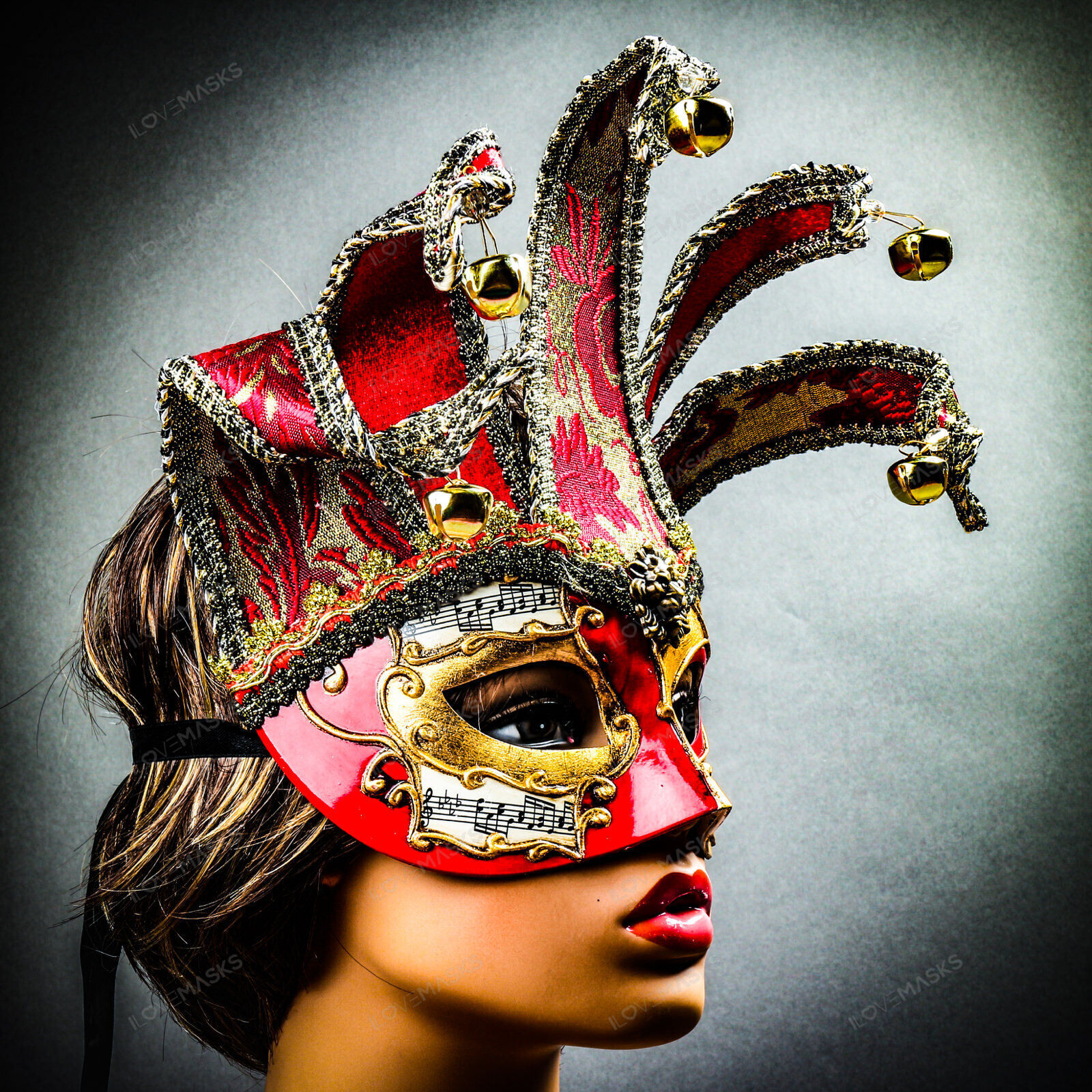 Jester Joker Venetian Musical Eye Mask with Bells – Gold Red Halloween Eye Mask