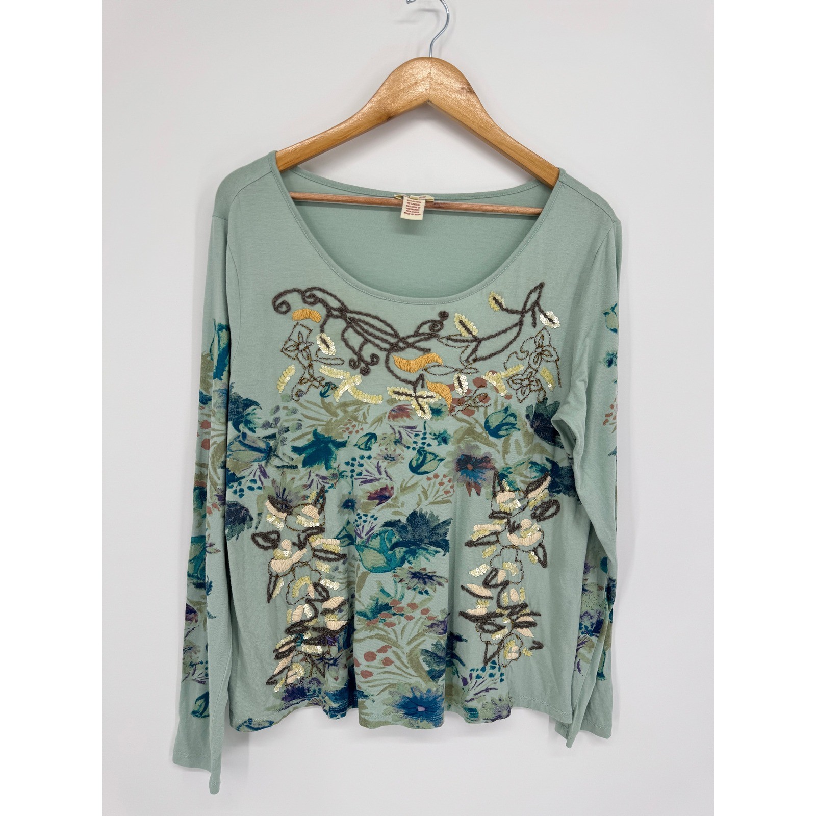 Sundance Floral Sequin Embroidered Top Women L Sage Green Boho Whimsical Artsy
