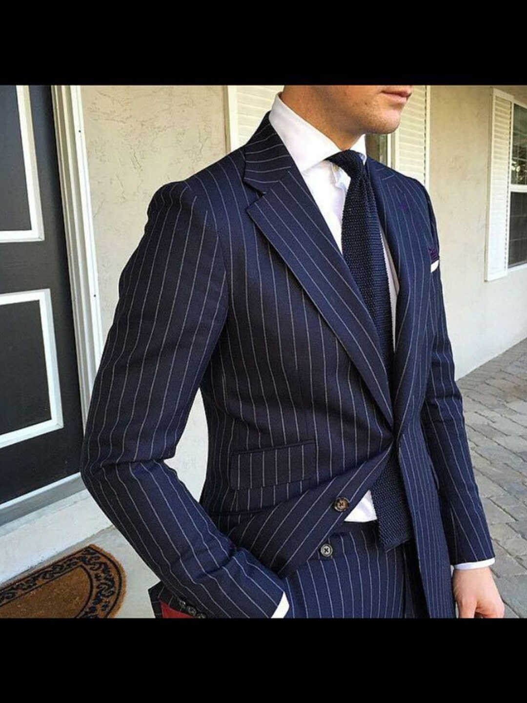 Business Striped 2pcs Men Suits Slim Fit Single Breasted Notch Lapel Wedding