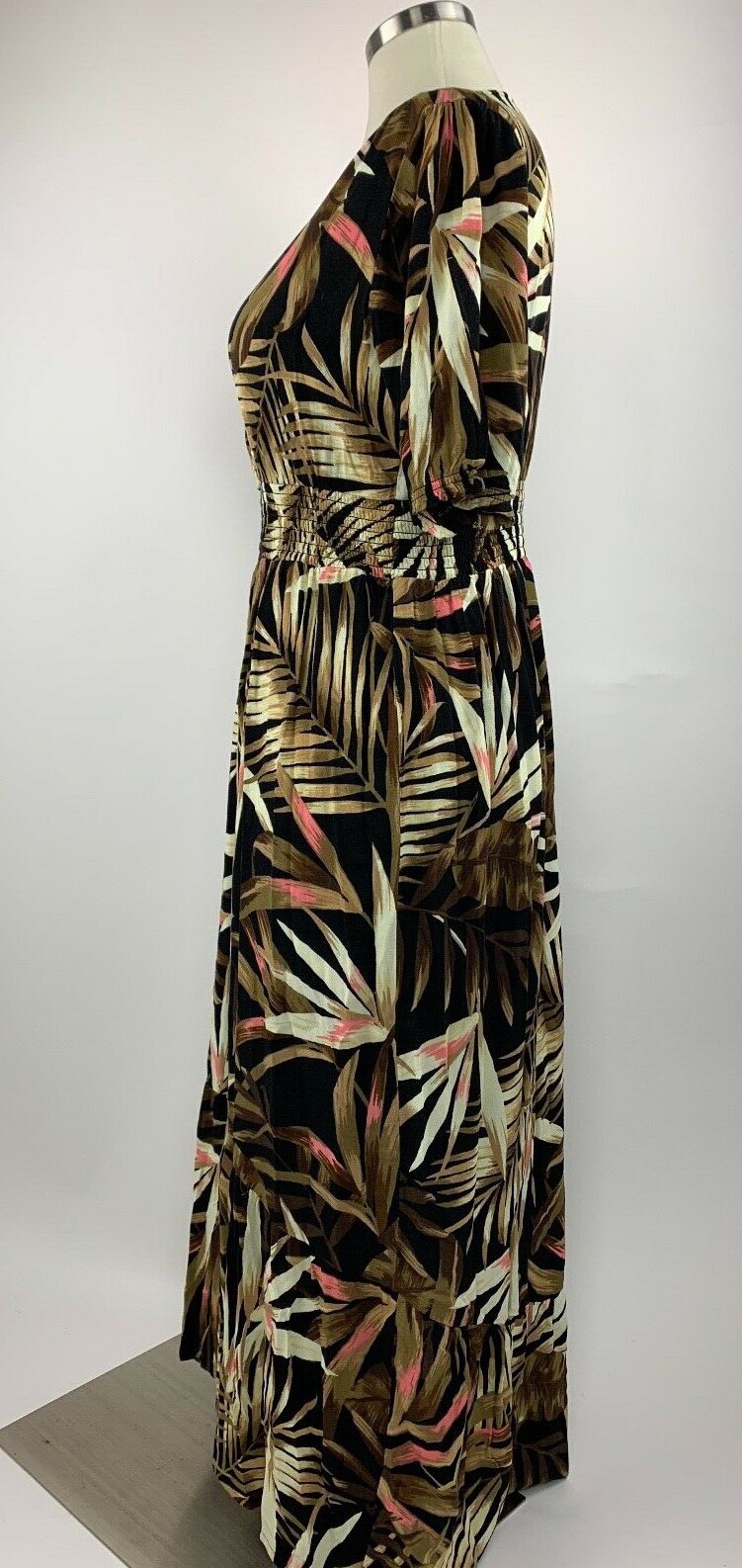 NEW Old Navy Black Brown Waist Defined Botanical Leaf Frond Dress Small S
