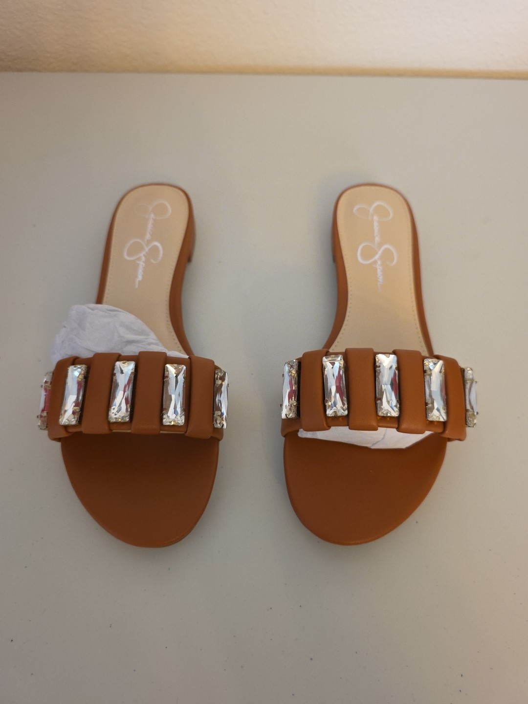 Jessica Simpson Amille Ginger Cookie Brown Italia Nappa Crystal Sandals – Size 8