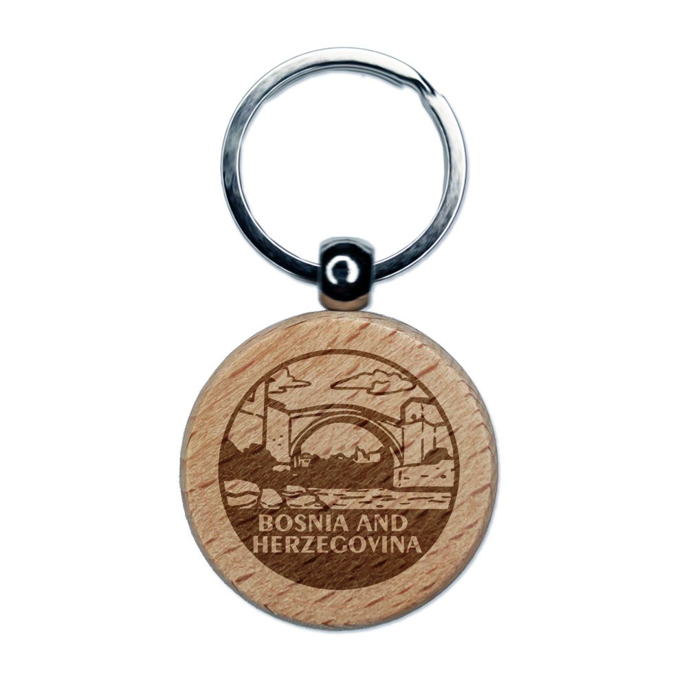 Bosnia and Herzegovina Mostar Bridge Engraved Wood Round Keychain Tag Charm