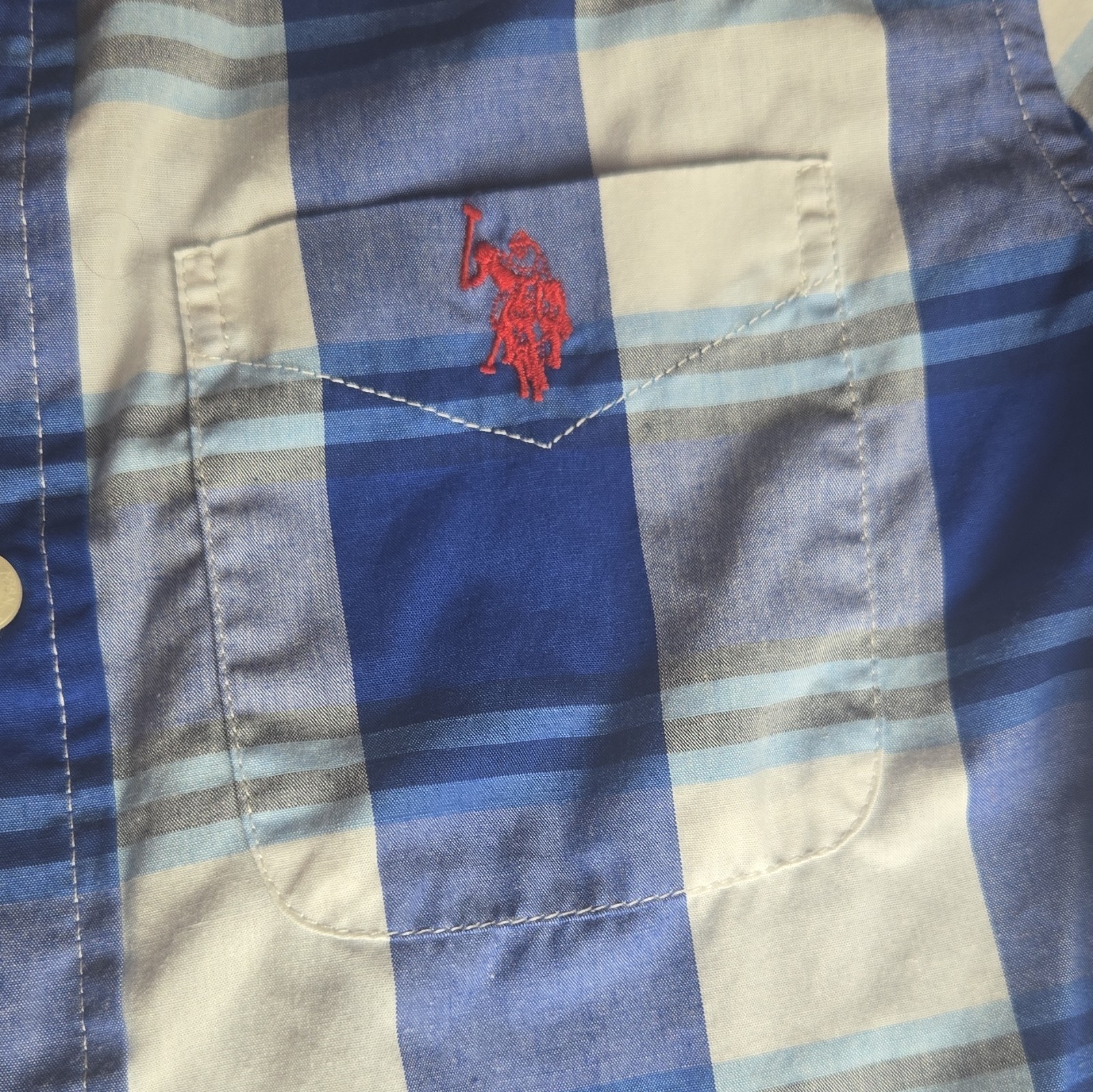 U.S. Polo Assn. Boys M (8) Blue/White Plaid Short Sleeve Collared Button-Up