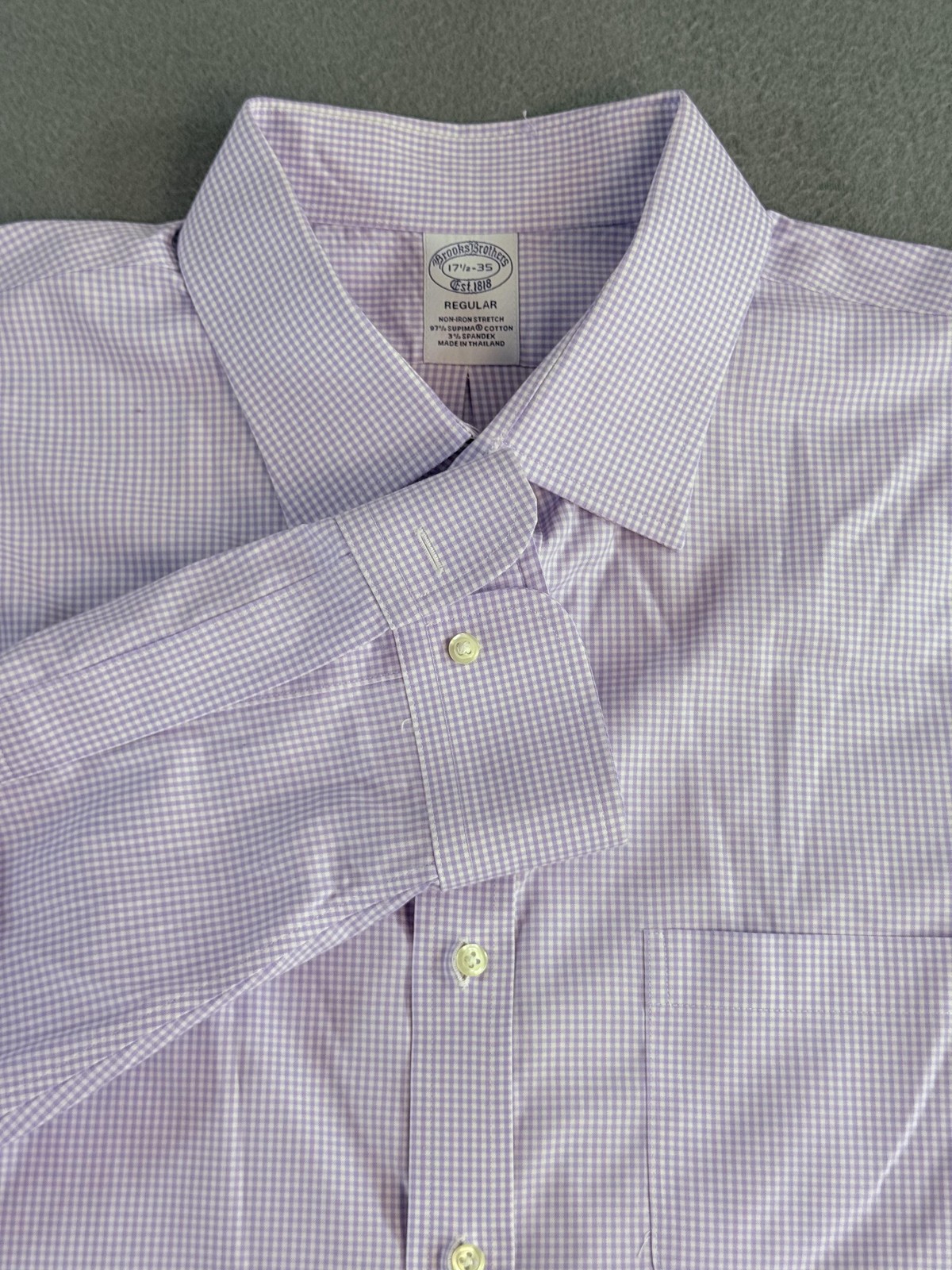 Brooks Brothers Dress Shirt Mens XL 17.5-35 Purple Gingham Non Iron Supima