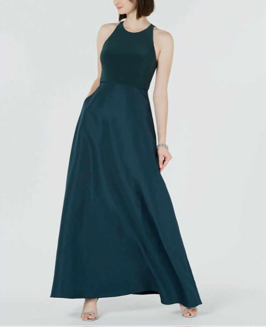 ADRIANNA PAPELL Dusty Emerald Open Back Halter Taffeta Skirt Maxi Gown Dress 8 M