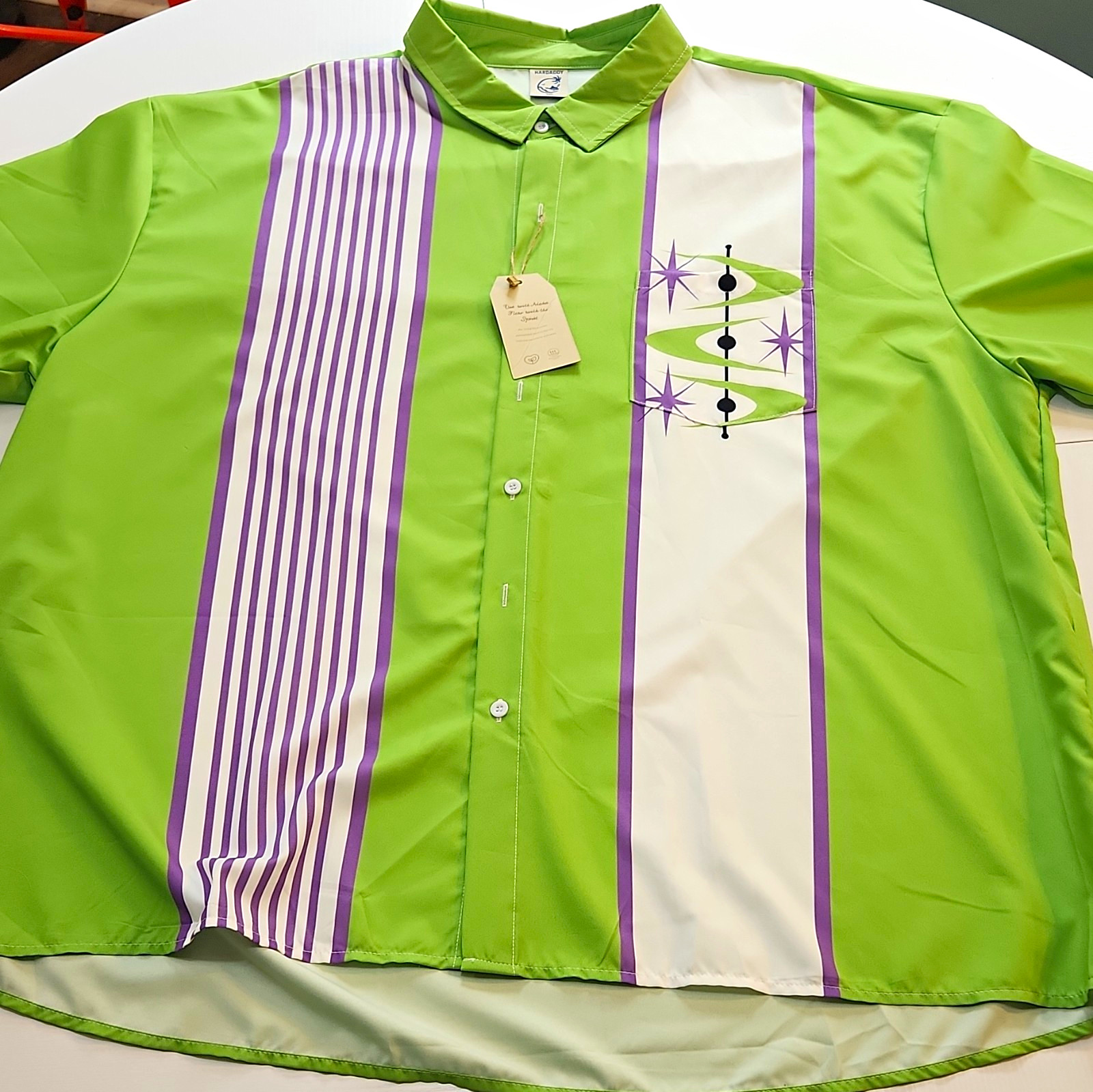 Hardaddy Men’s 3XL Green White Purple Striped Short Sleeve Button-Up