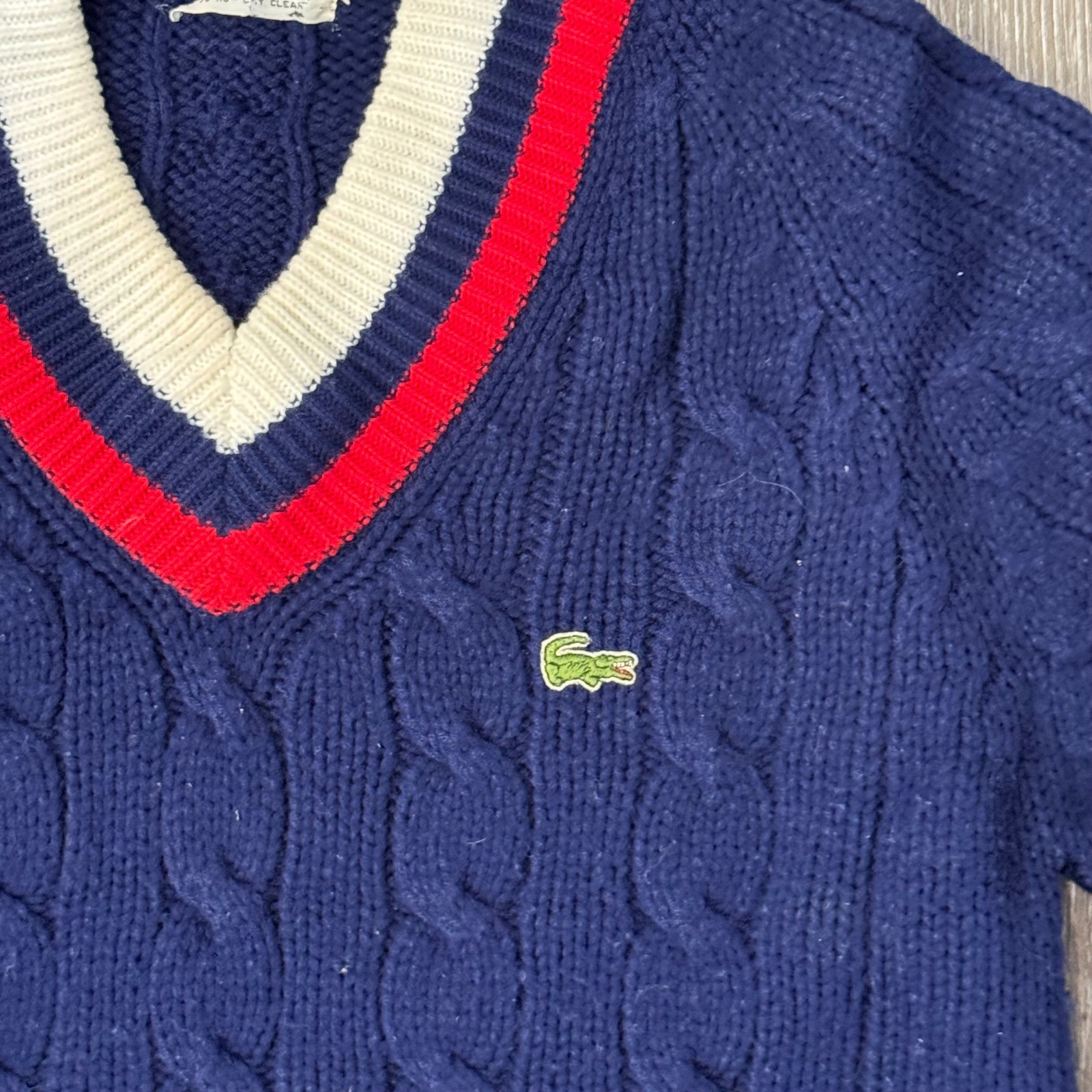 IZOD Lacoste Sweater Men L Navy Blue Cable Knit Varsity V-Neck Vintage Pullover