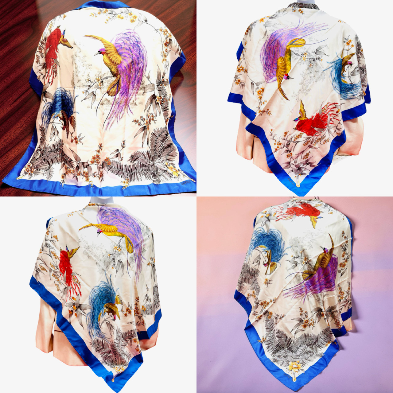 Beautiful Birds Paradise Gucci 100% Silk Satin Scarf 34″ Ivery Blue (45)