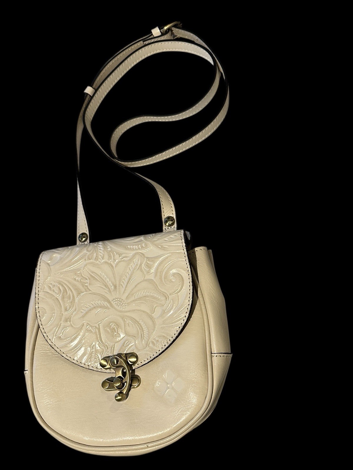 Patricia Nash Floral Tooled Leather Crossbody Saddle Bag Chalk Ivory