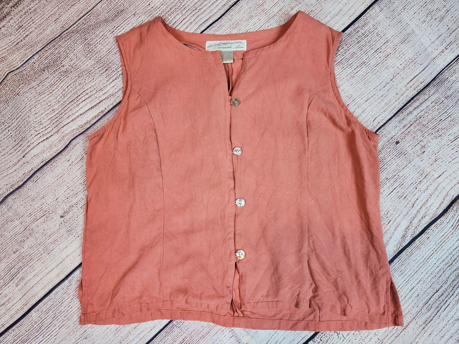 Pineapple Moon 100% Silk Coastal Vacation Peachy Pink Sleeveless Blouse XL 90’s