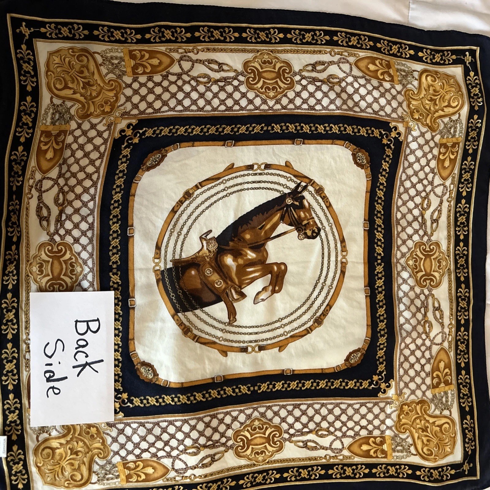 Scarf 100% Silk Gold Navy Blue And Beige Equestrian Scarf 20 Inches By 20 Inches