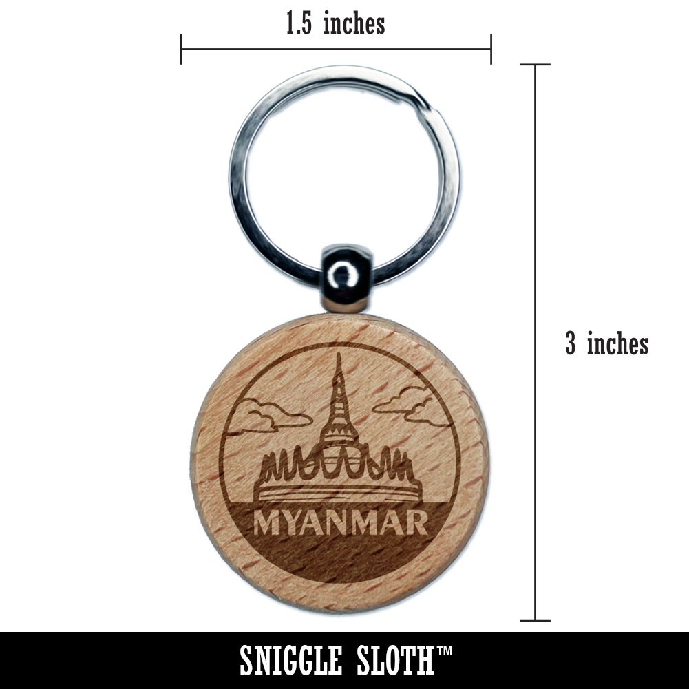 Myanmar Burma Yangon Rangoon Country Engraved Wood Round Keychain Tag Charm