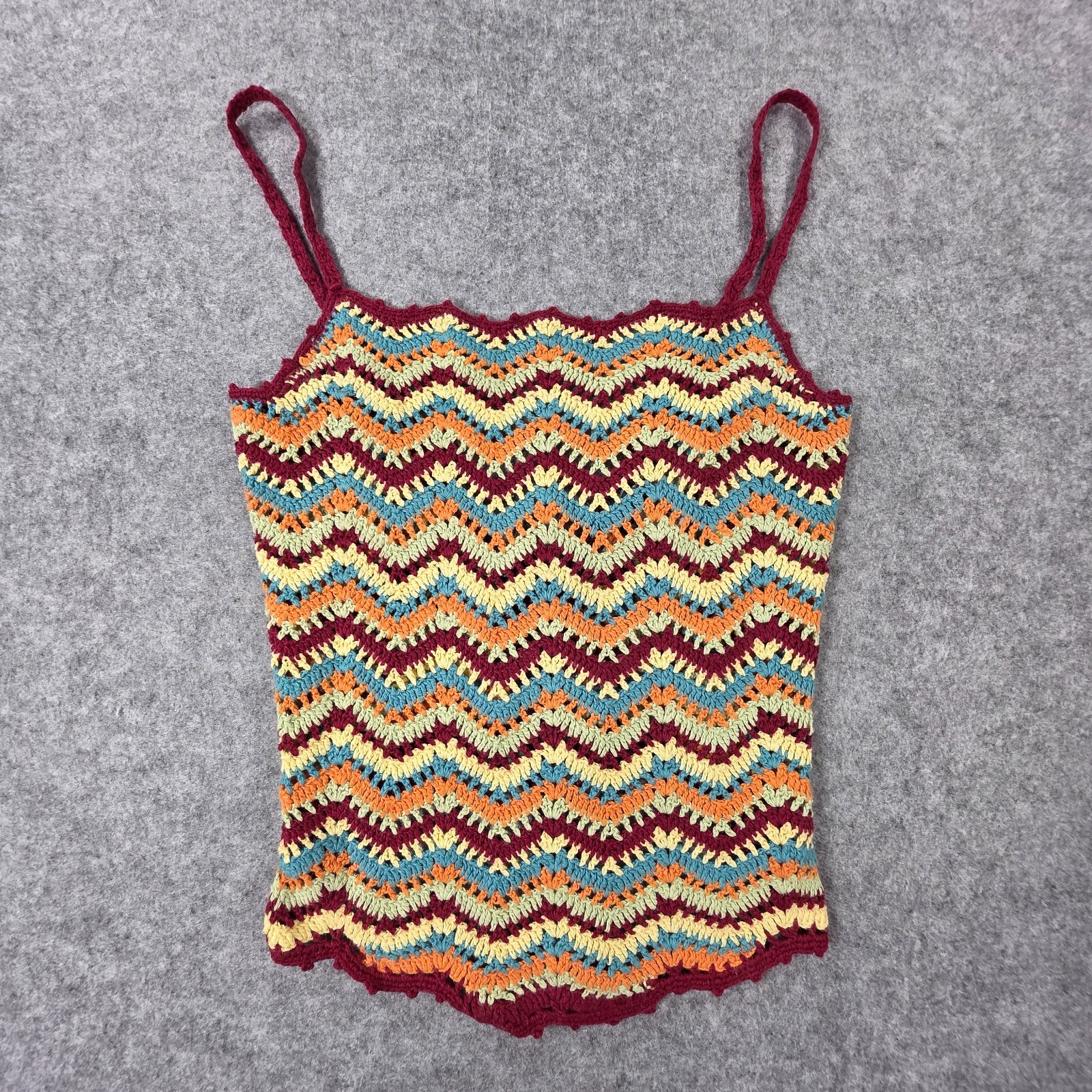 Vtg Crochet Chevron Zigzag Top Camisole Tie Back Y2K Med Boho Hippy Takeout L