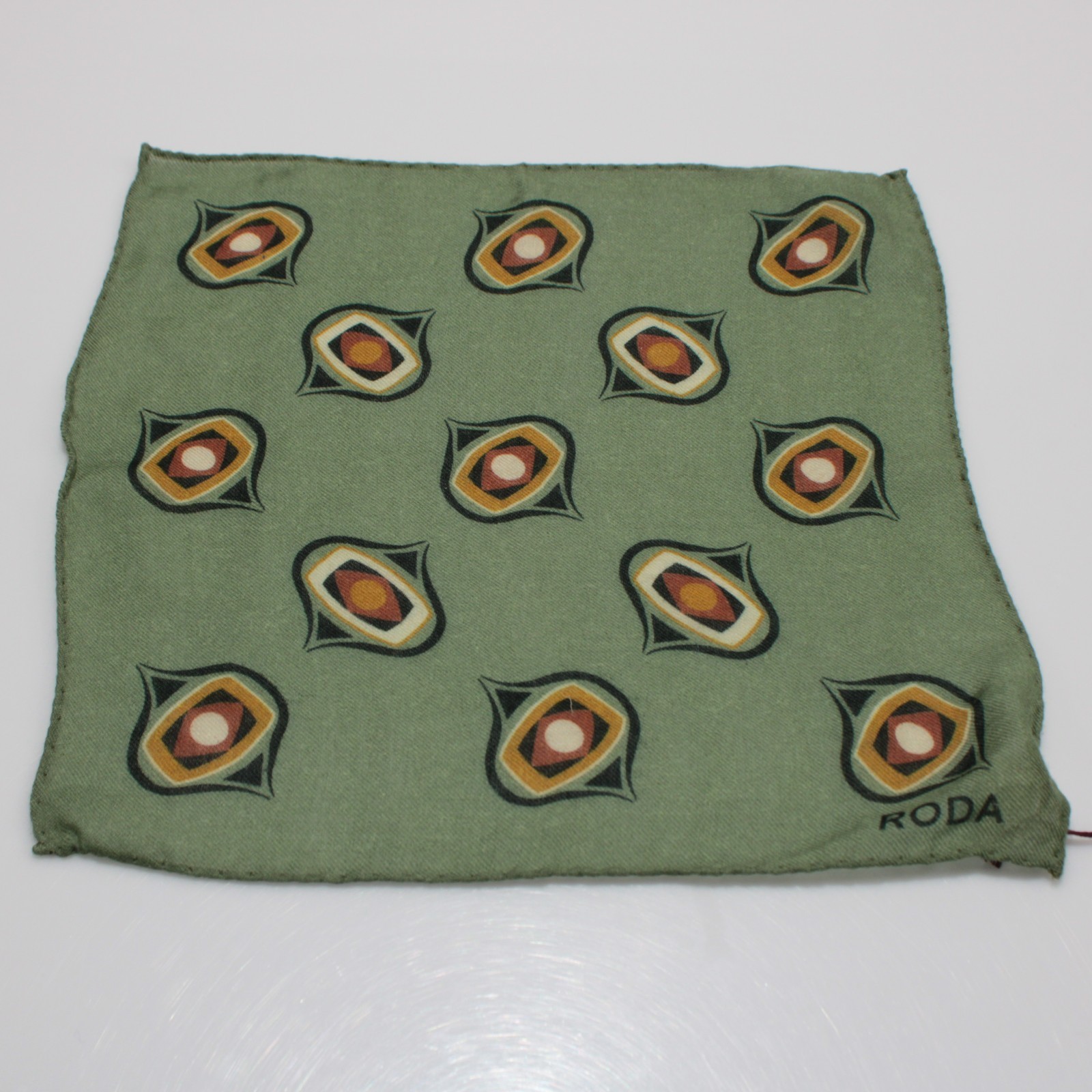 Roda NWT 100% Wool Pocket Square In Green w/ Black, Brown & Yellow Geometric