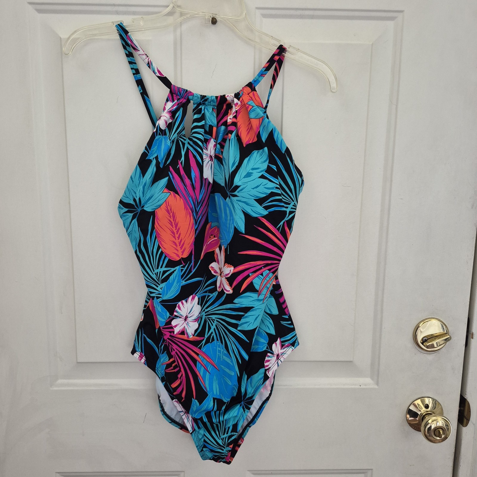 DreamSuit by Miracle Brands Womens Sz 12 Black Floral Swimsuit Power Lining