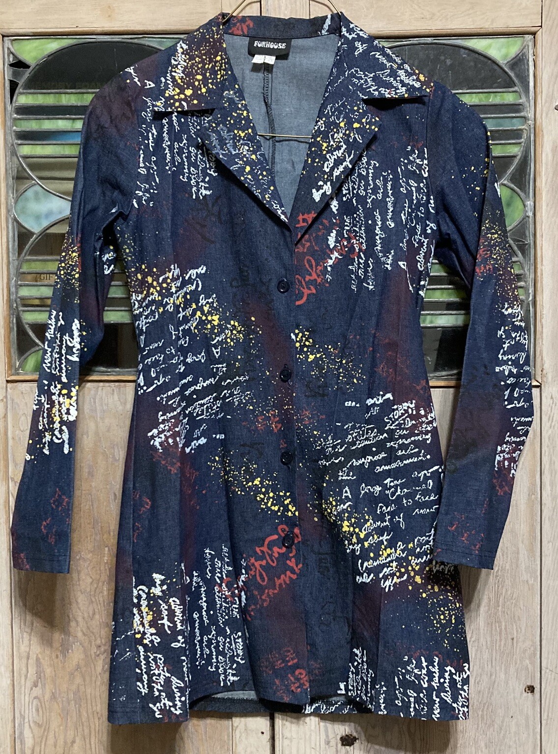 Vintage RARE 90s FUN HOUSE Denim Color Shirt Jacket Dress Graffiti Splatter EUC
