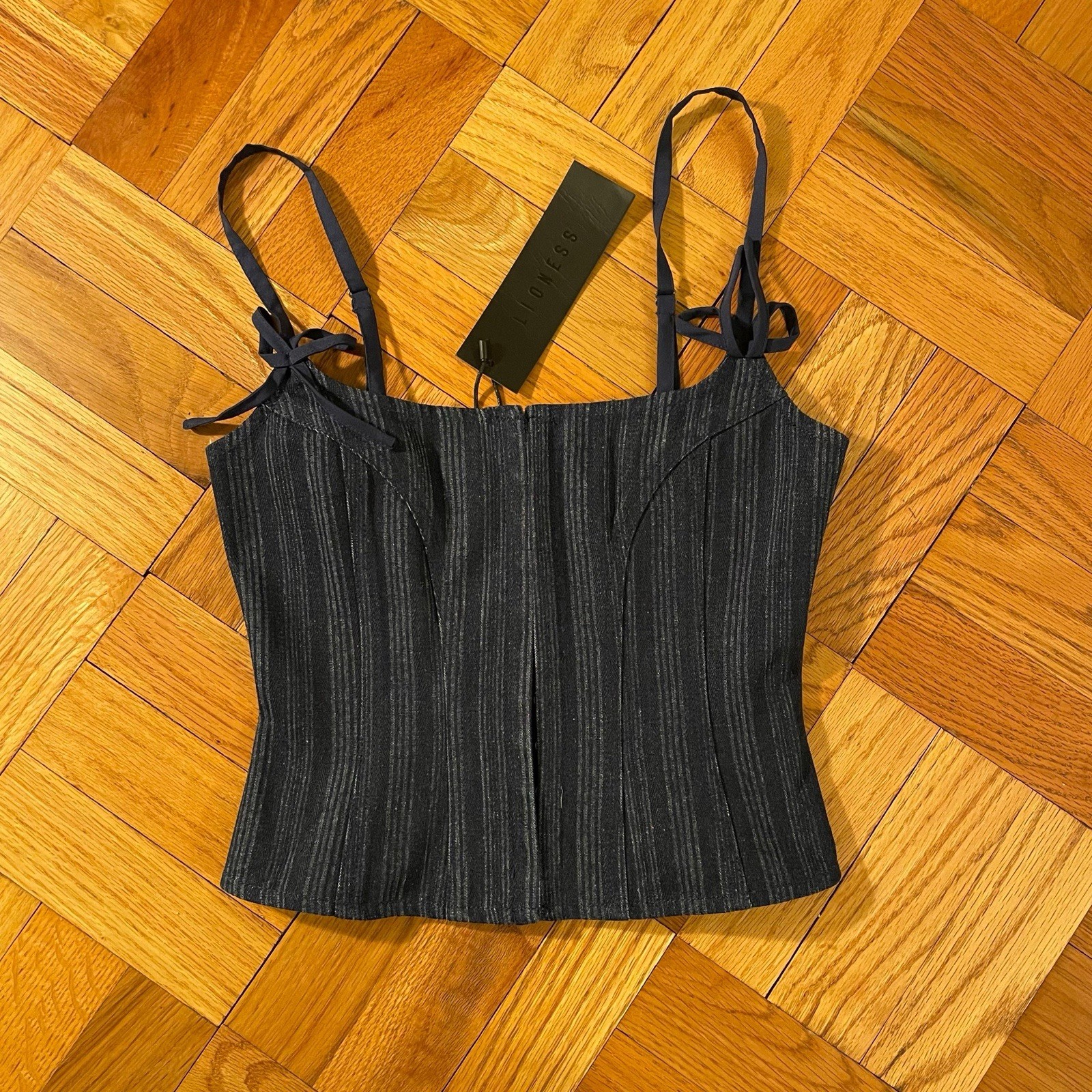 LIONESS Charismatic Denim Corset in Dark Pinstripe Size 0 NEW