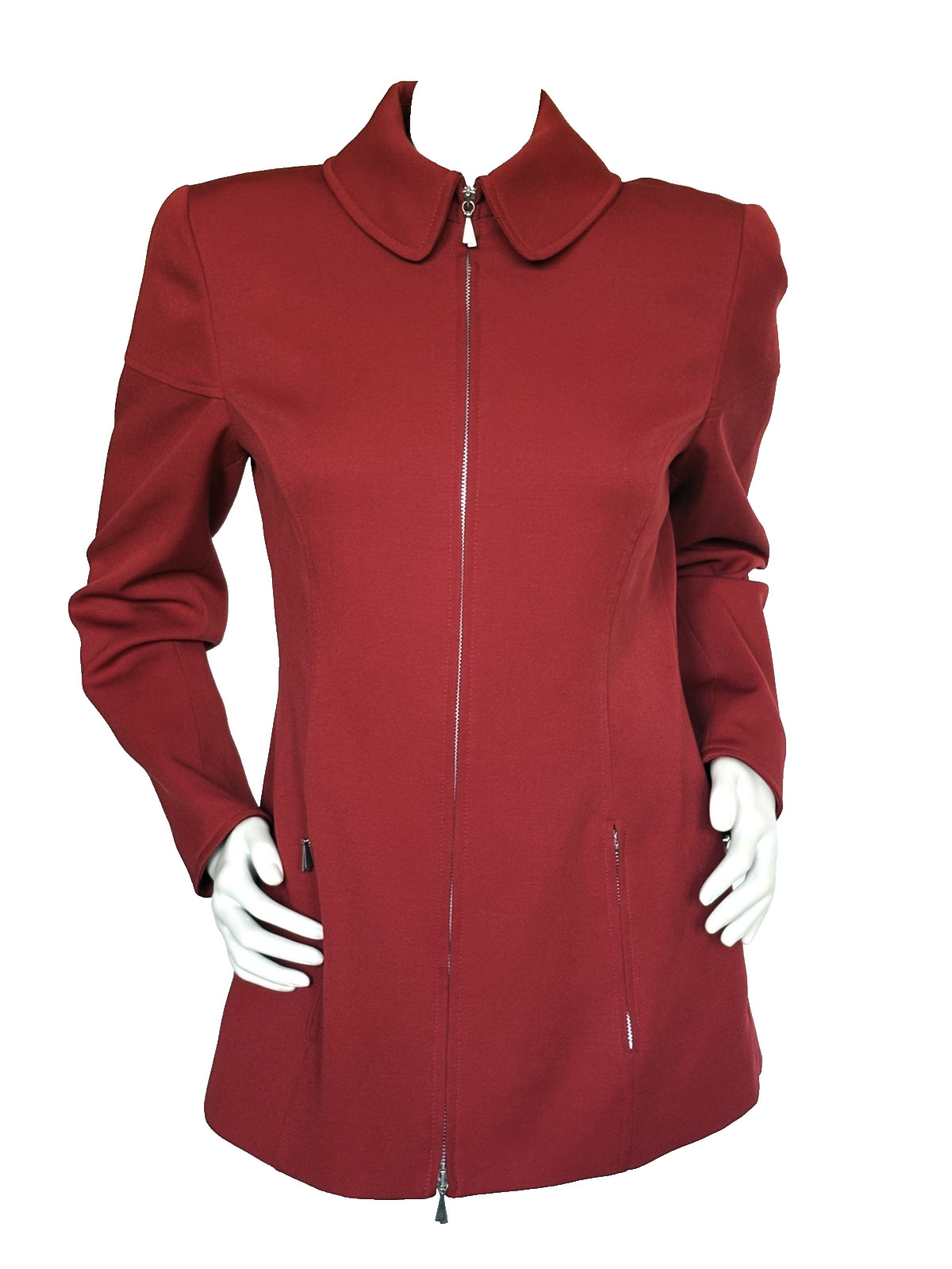 VINTAGE CLAUDE MONTANA CORAL RED VIRGIN WOOL ZIP UP JACKET SIZE: M