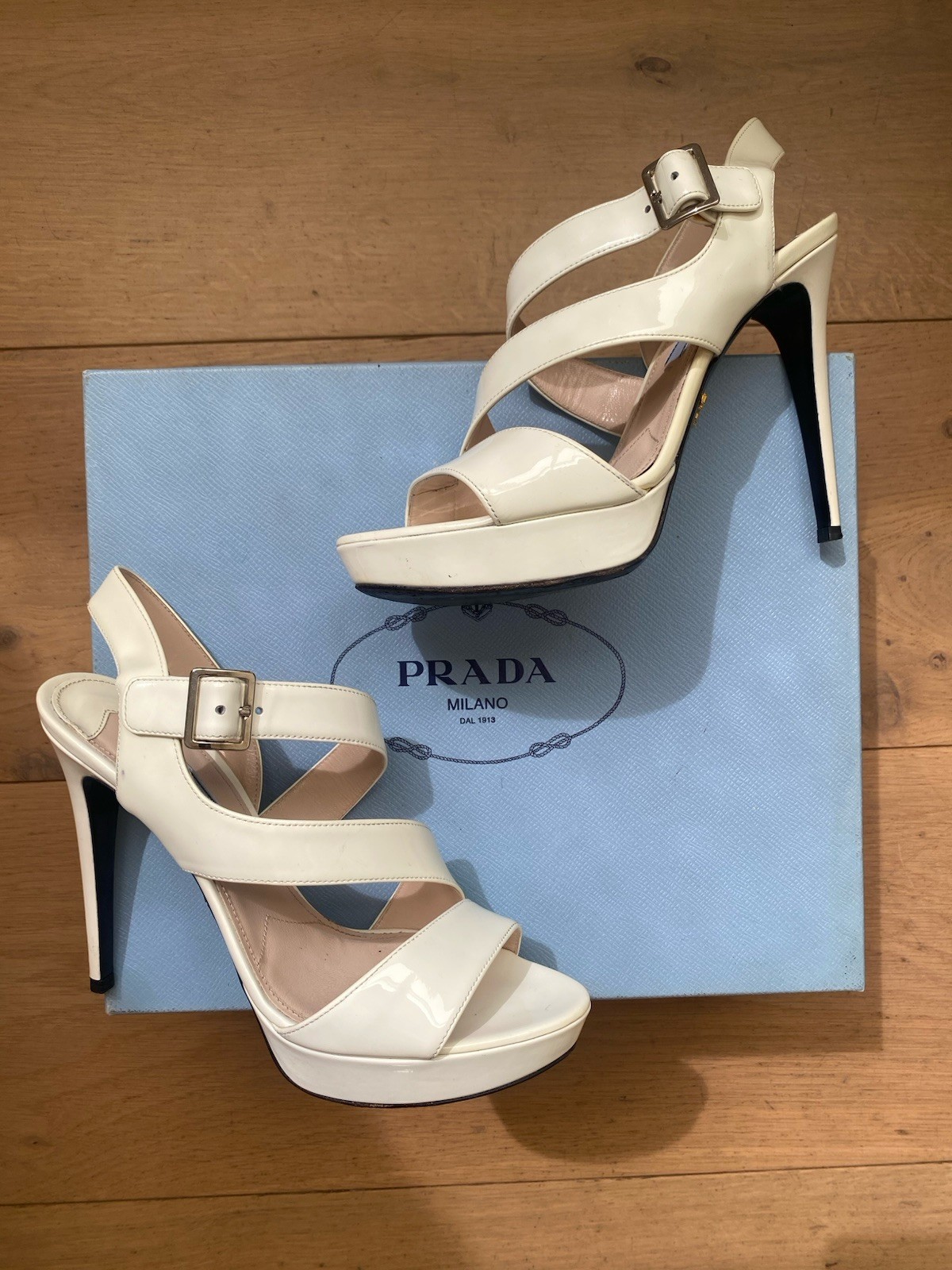 PRADA Leather Stiletto Strappy Sandals Heels 12cm in Bianco/cream 37.5 Aus 6.5