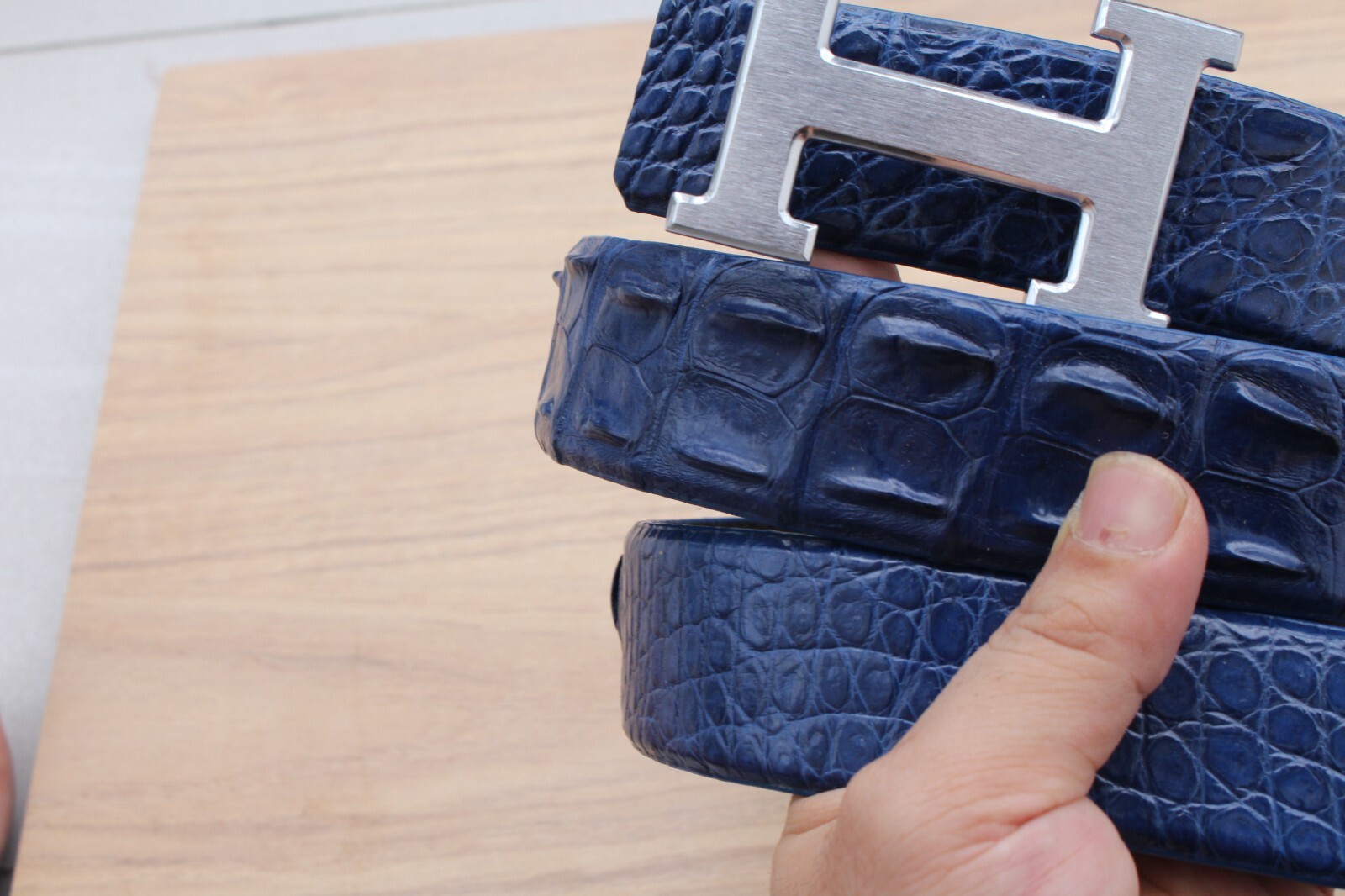 Blue Hornback Alligator Crocodile Print Leather Men’s Belt – W 1.3 inch