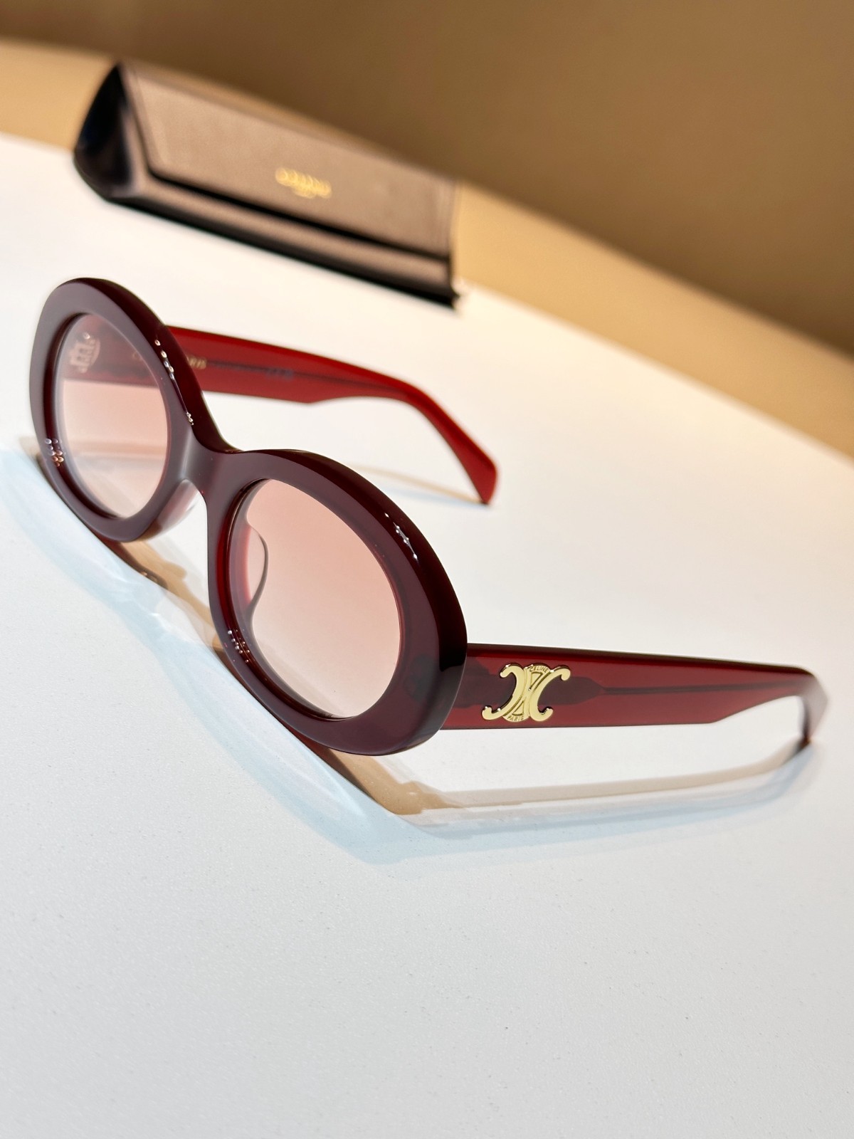 Celine Triomphe Oval Sunglasses Burgundy Red Acetate Gold Logo Designer
