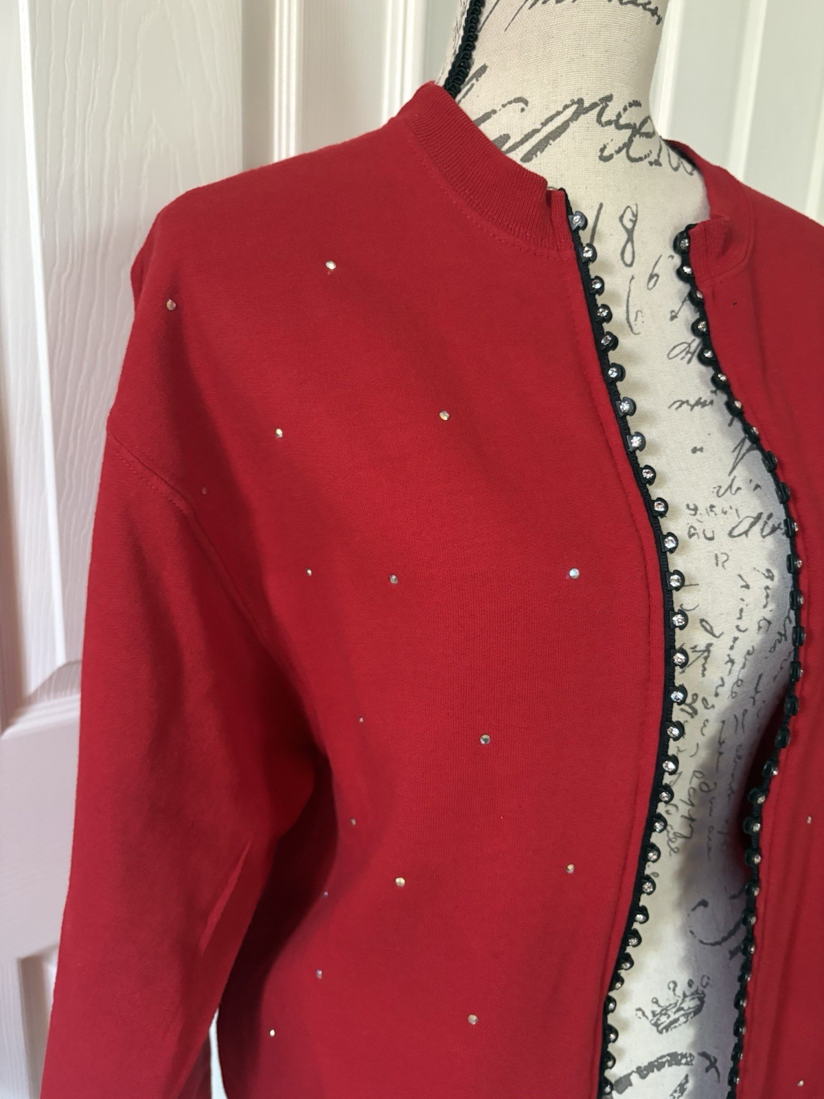 GET LUCKY Bling Studded Sweatshirt Jacket Rhinestone Accent Full Zip Red M