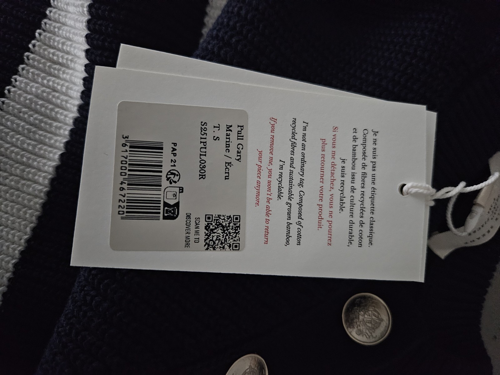 Sezane Gary Jumper Sweater, Navy Ecru Striped, Size Small, NWT