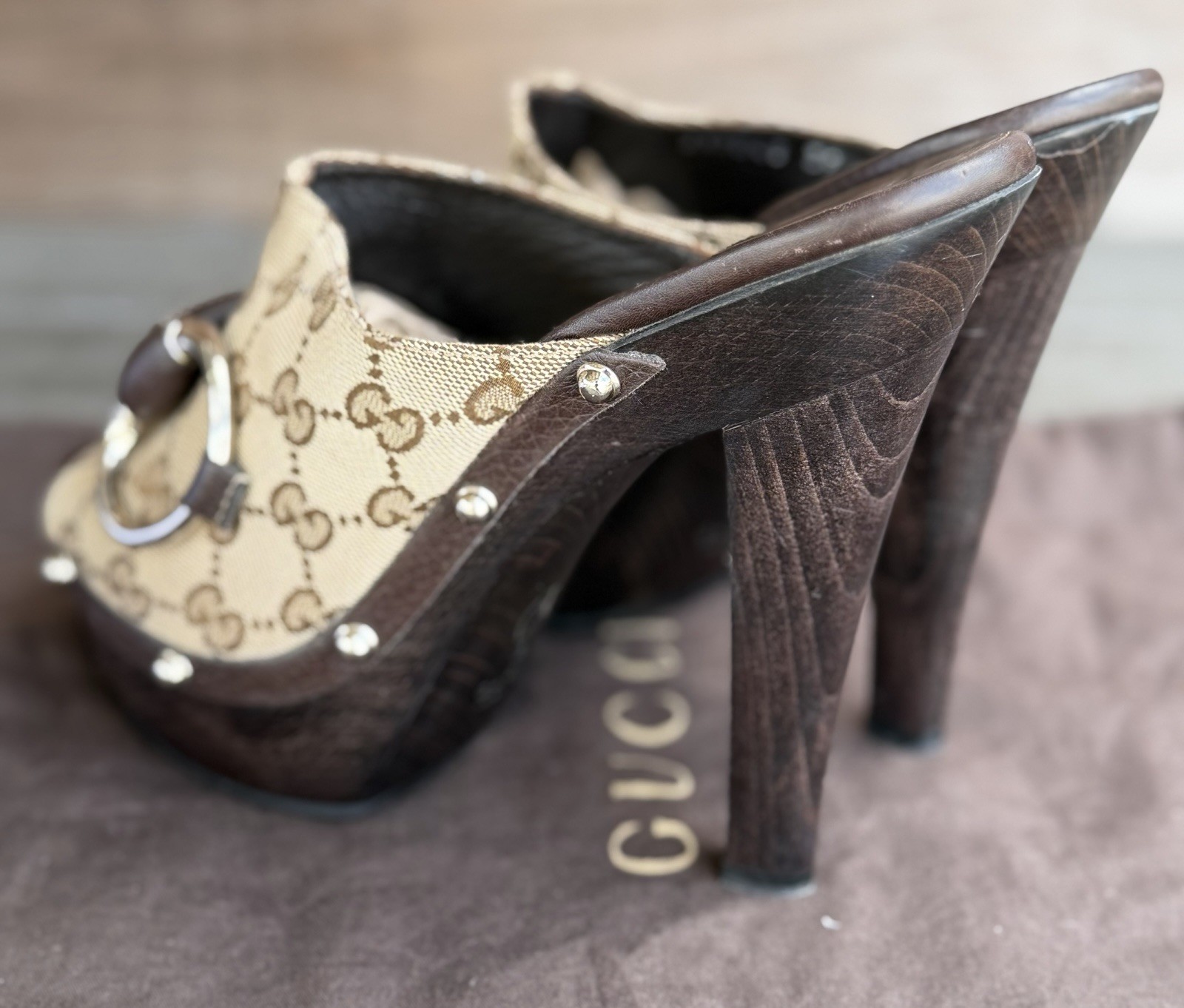 Gucci Beige/Ebony GG Canvas Horsebit Platform Wood Mule Heels Size 39