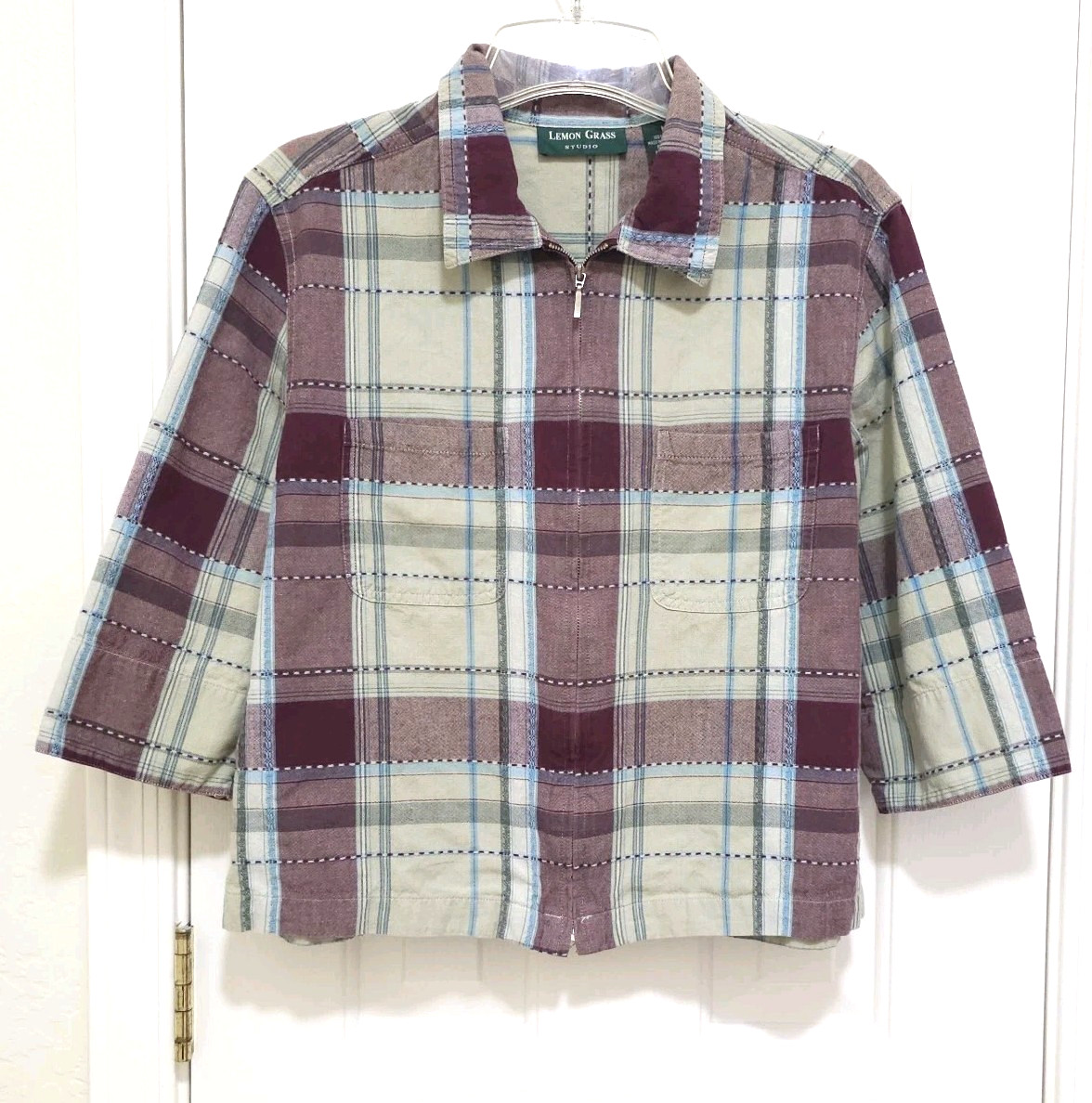 VTG Womens Lemon Grass MEDIUM 100% COTTON Crop ZIP Shirt Top Maroon Beige Plaid