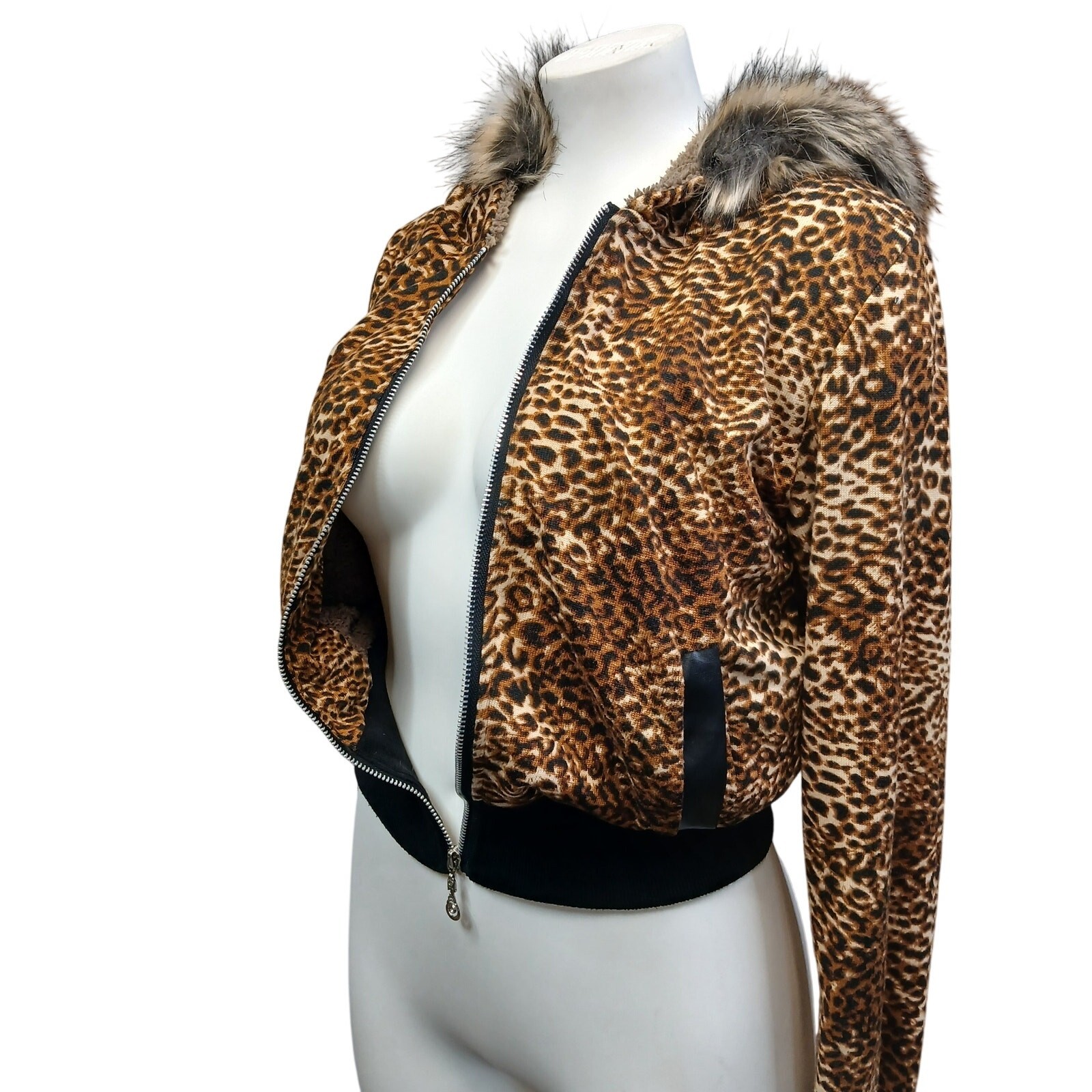 Hendi Hooded Bomber Jacket Leopard Animal Print Faux Fur Trim OS