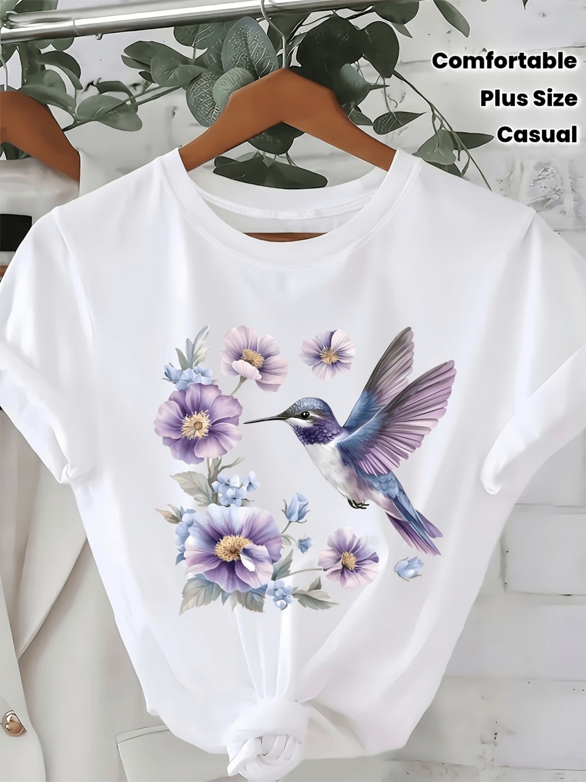 Hummingbird Floral Graphic Women’s T-Shirt Purple Flower Bird Nature Casual Tee