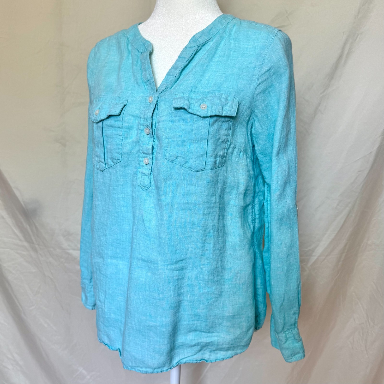 Talbots 100% linen tunic womens M Petite turquoise long sleeve relaxed coastal