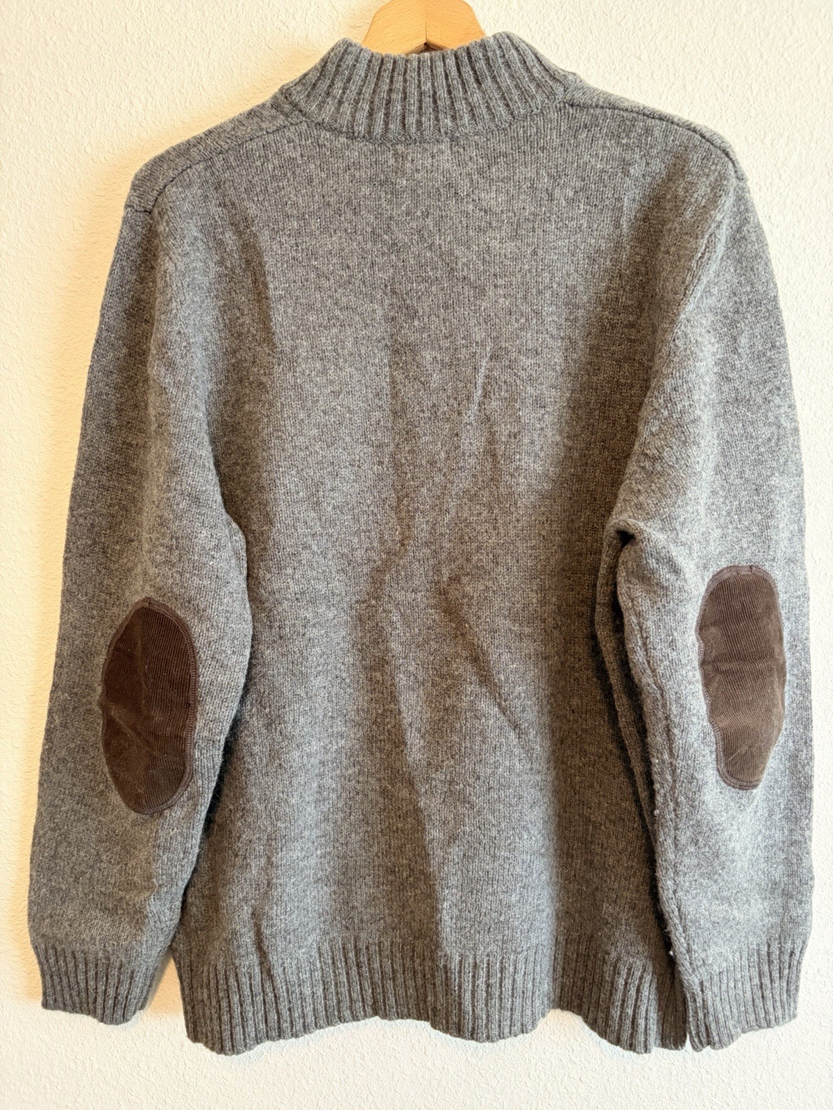 LL Bean 100% Wool Shetland Sweater Mens Large Gray 1/4 Zip Pullover Elbow Patch