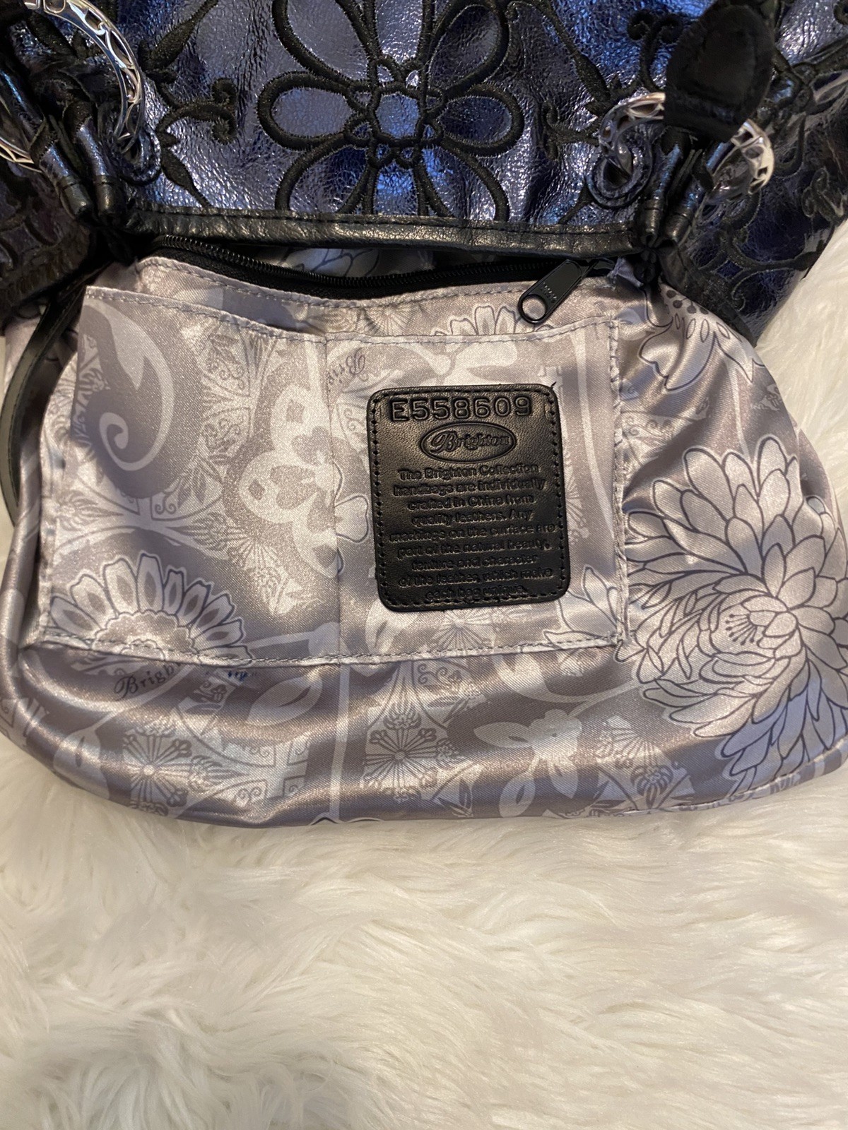Brighton Valencia Sapphire Blue Metallic Leather Embroidered Flowers EUC