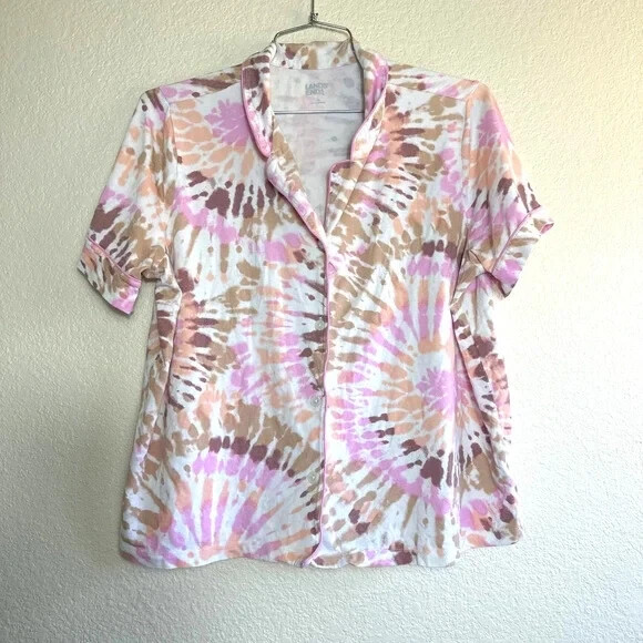 Lands End Comfort Knit Pajama Set Short Sleeve Top Shorts Pocket Pink tie dye 1X