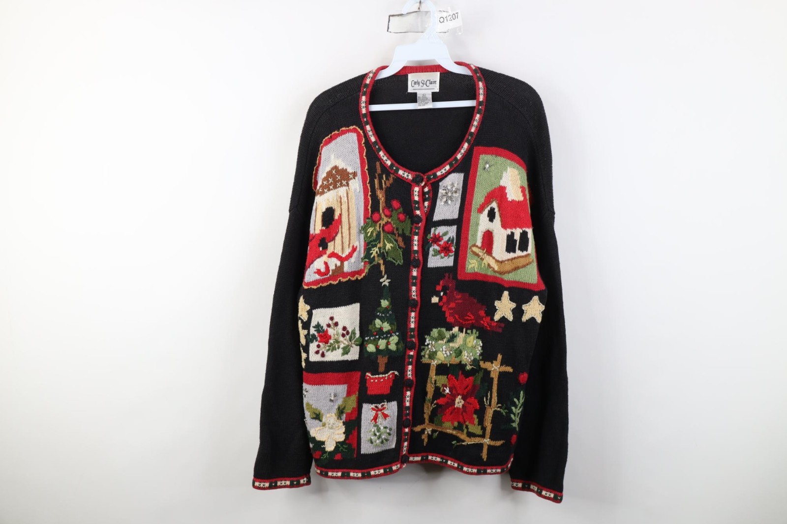 Vtg 90s Streetwear Womens L Embroidered Flower Bird Christmas Cardigan Sweater