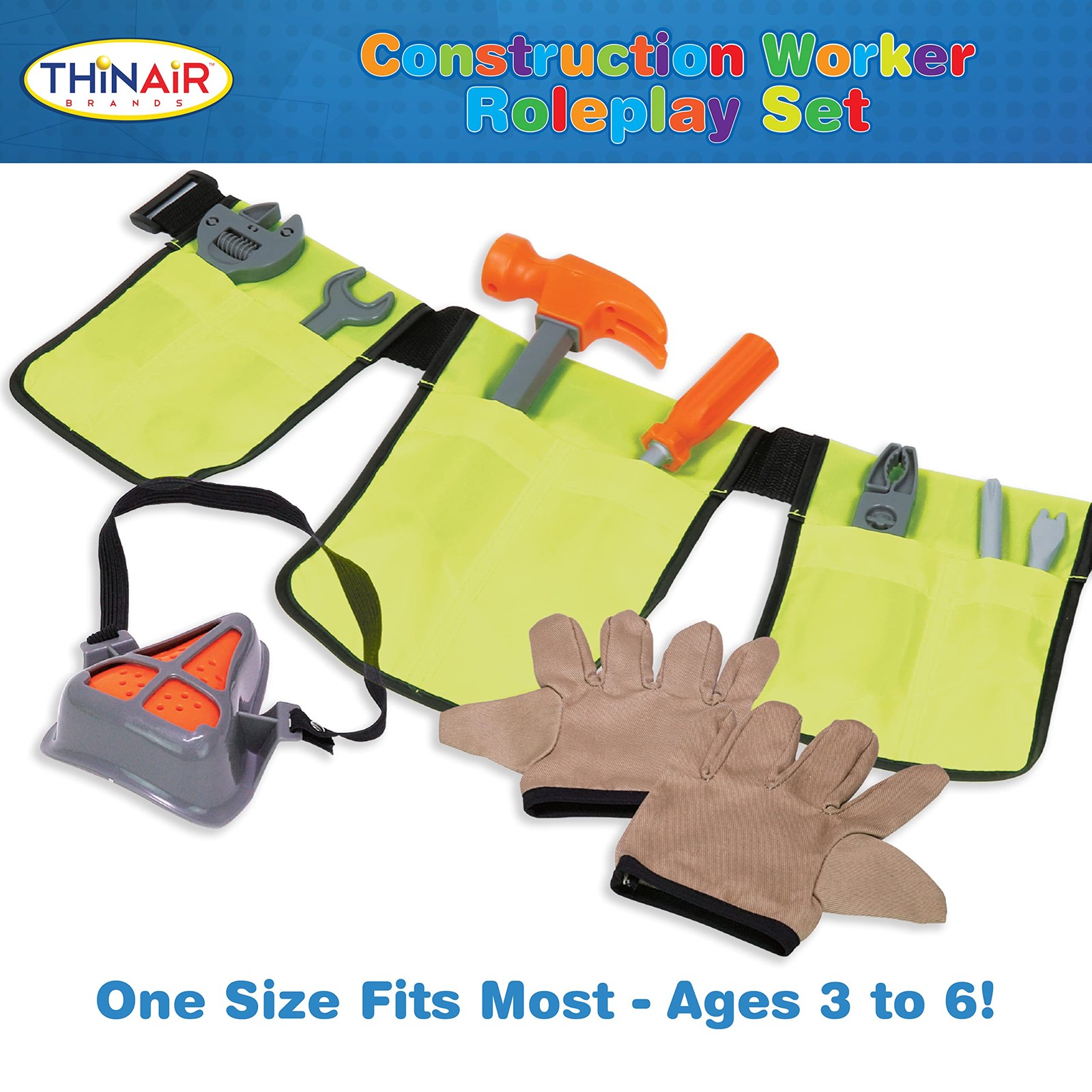 Construction Worker Roleplay Costume Set with Hat, Tools, Tool Belt, Gloves, …