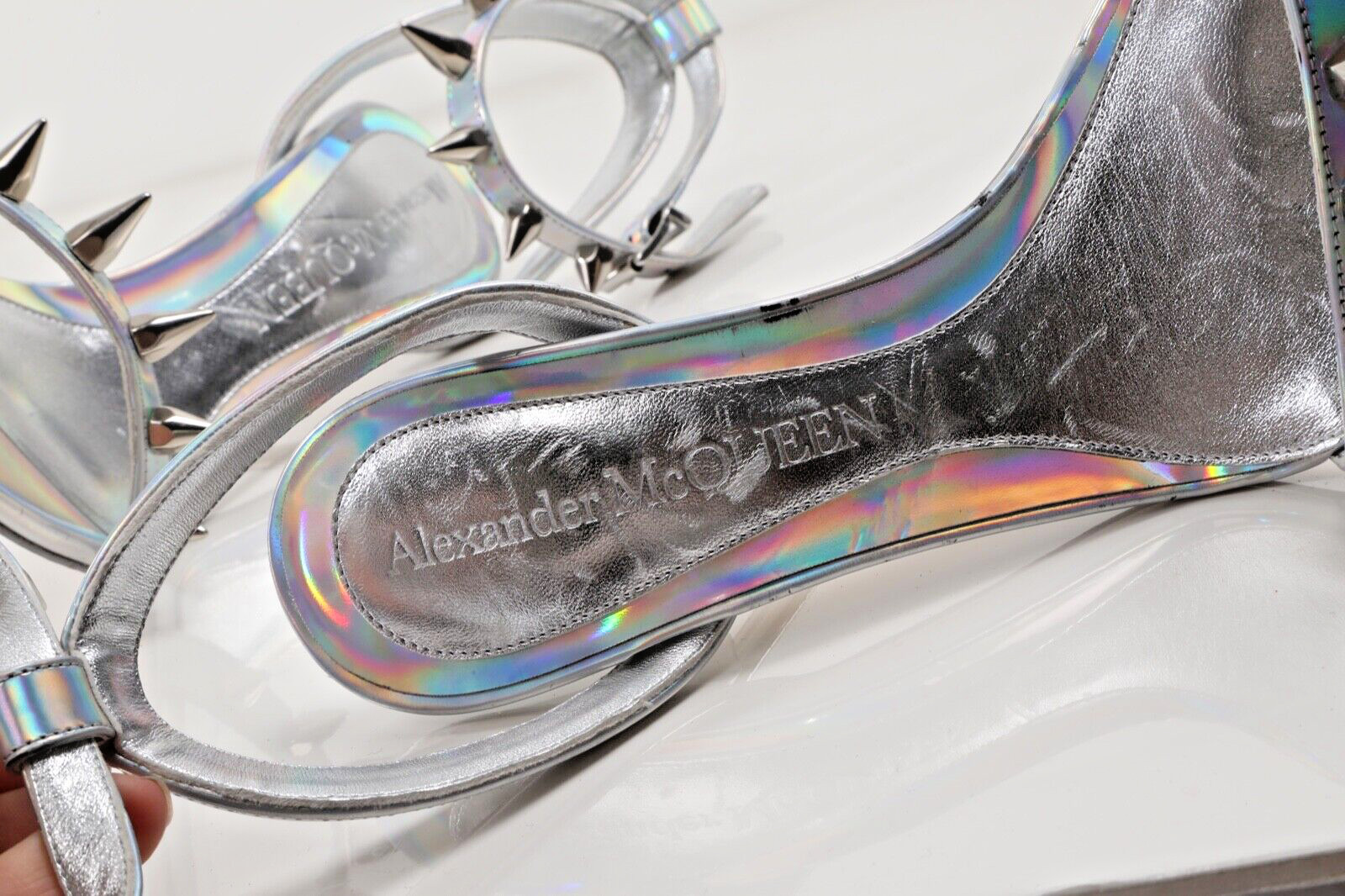 Alexander McQueen Metallic Silver Patent Leather Strappy Heel Sandals Size 37.5