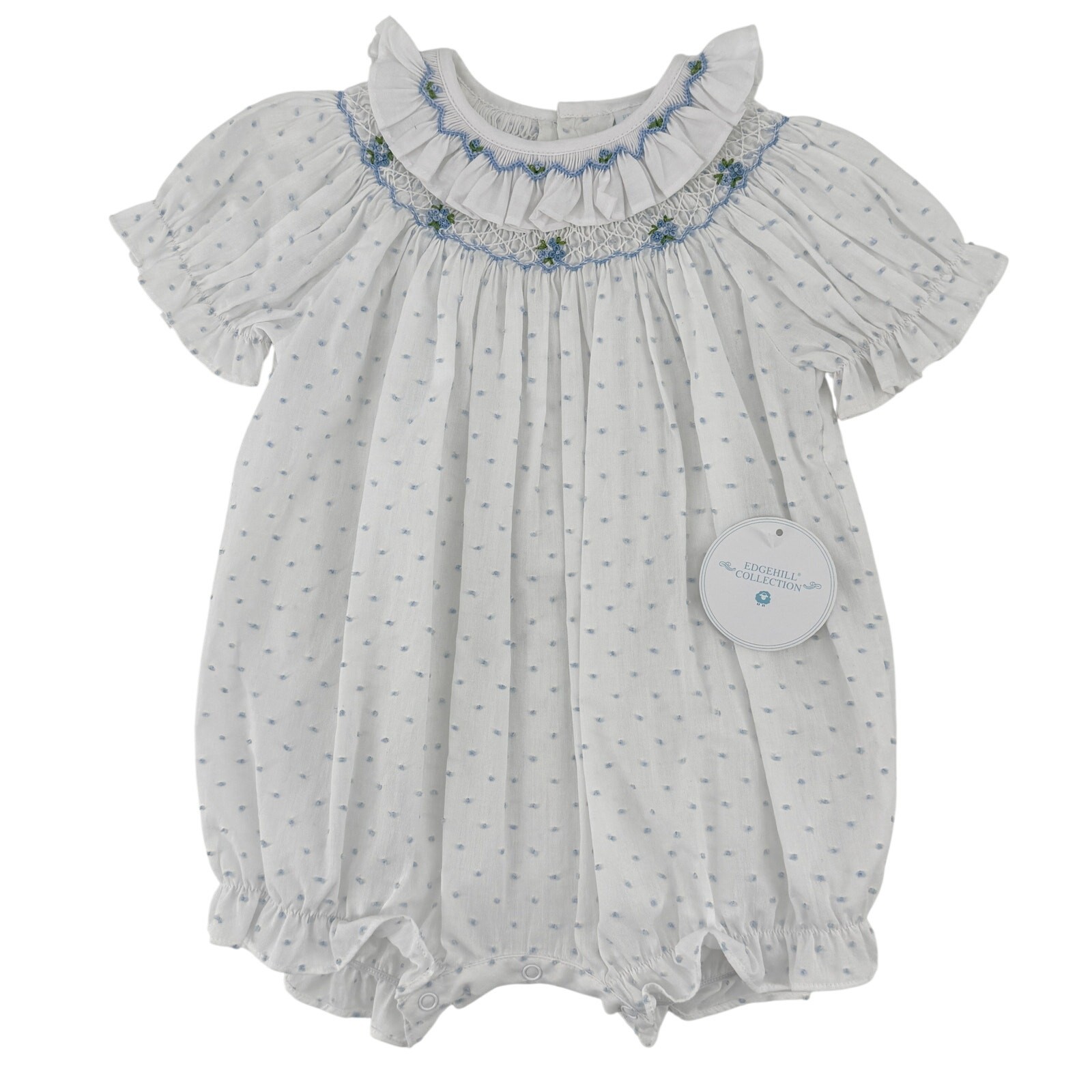 Edgehill Collection Baby Girl Smocked Blue Swiss Dot Bubble Romper Size 12M