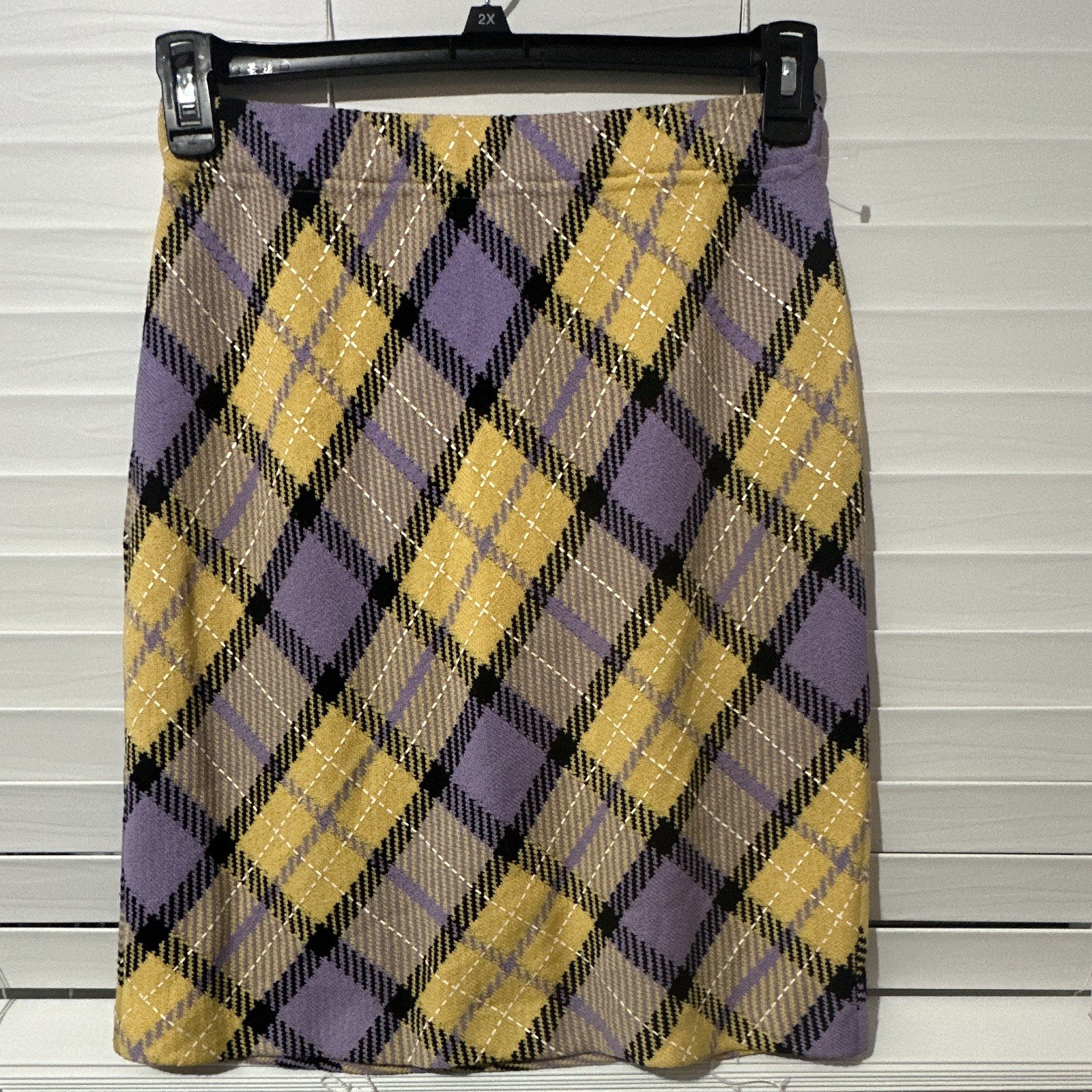 St. John Collection Purple Yellow Plaid Knit Pencil Straight Knee Length Skirt 8