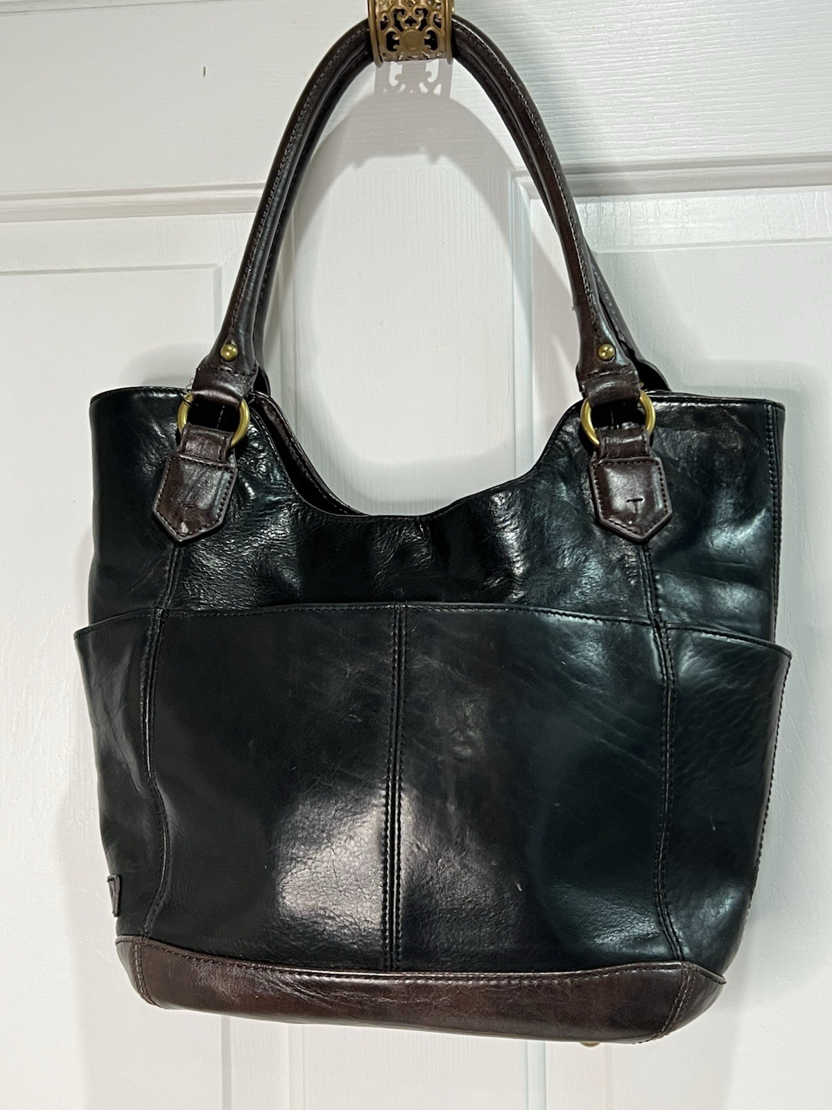 Tignanello Black Leather And Brown Man Made Trim Color Block Shoulder Bag