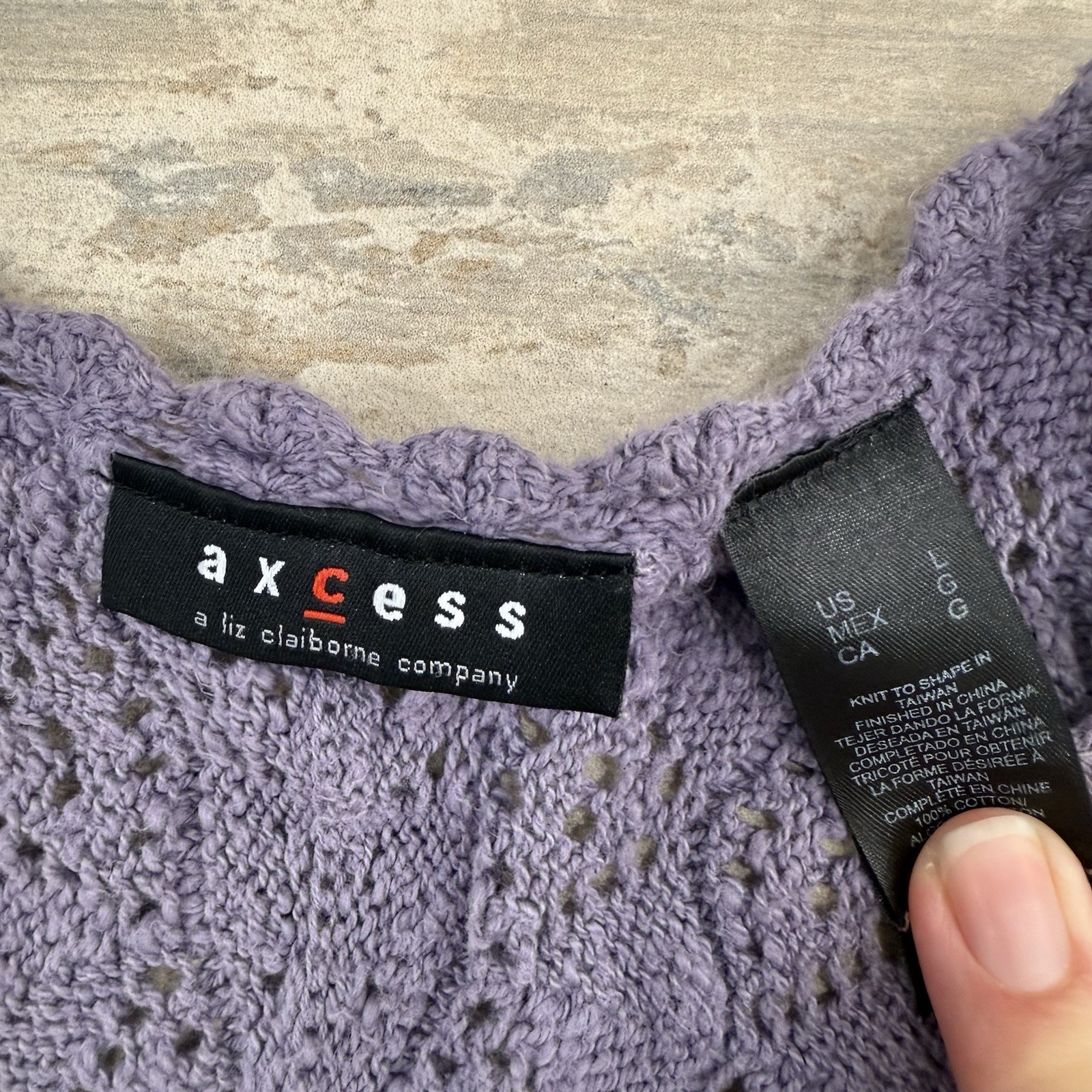 Axcess Liz Claiborne Vintage Y2K Lavender V-Neck Sweater Pointelle Knit. Size XL
