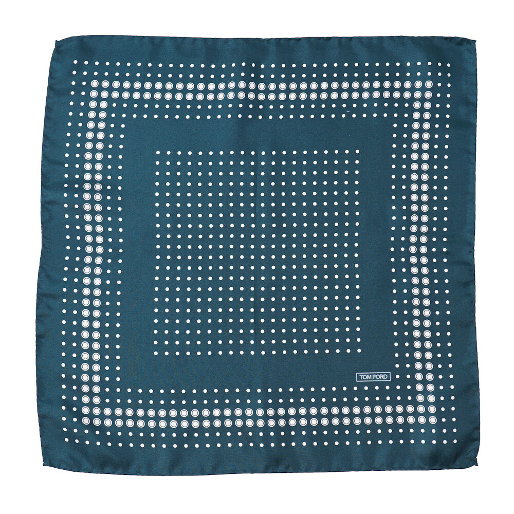 New $180 TOM FORD Teal Green and White Dot Print Silk Pocket Square